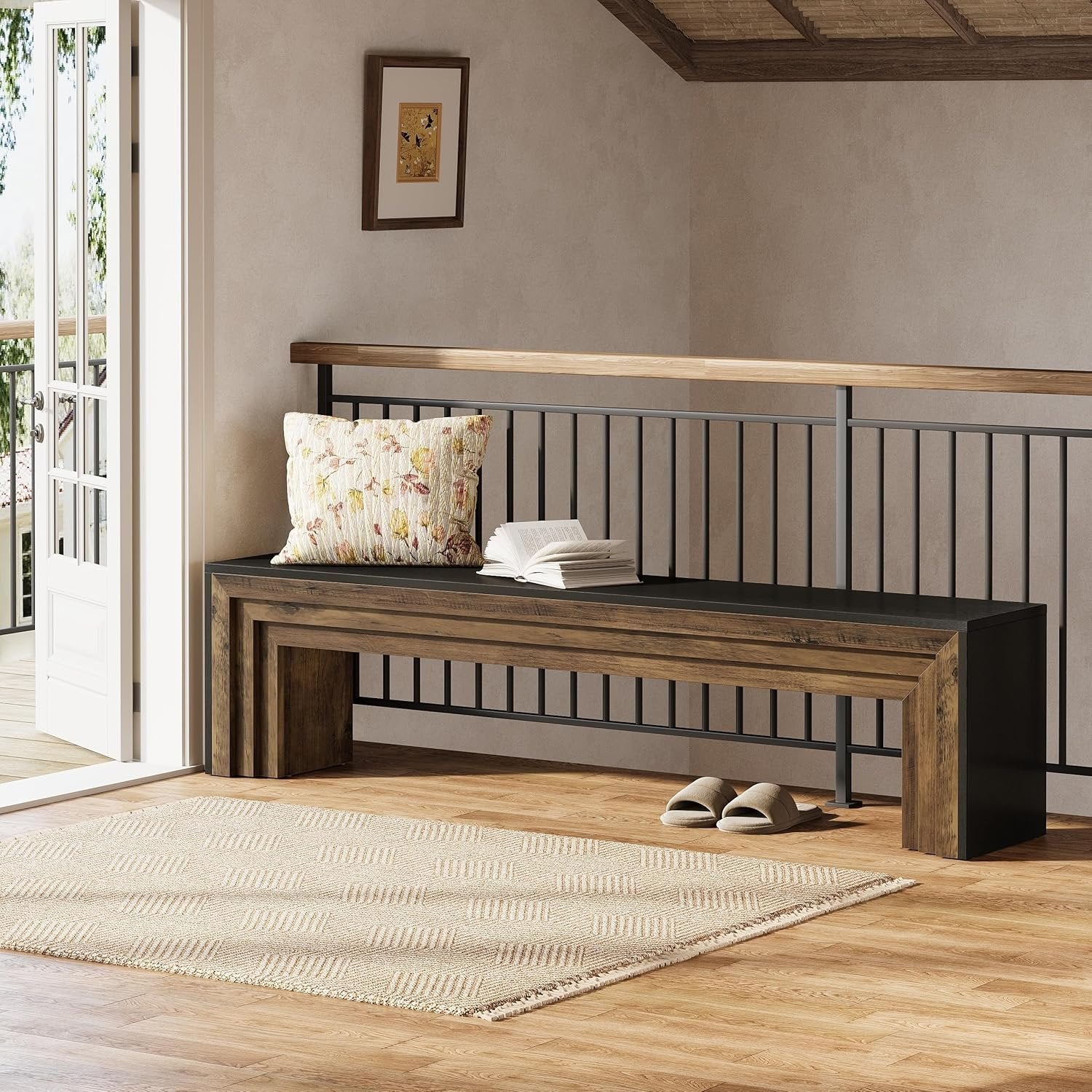 70.9" Entryway Bench, Farmhouse Shoe Bench End of Bed Bench with Layered Design