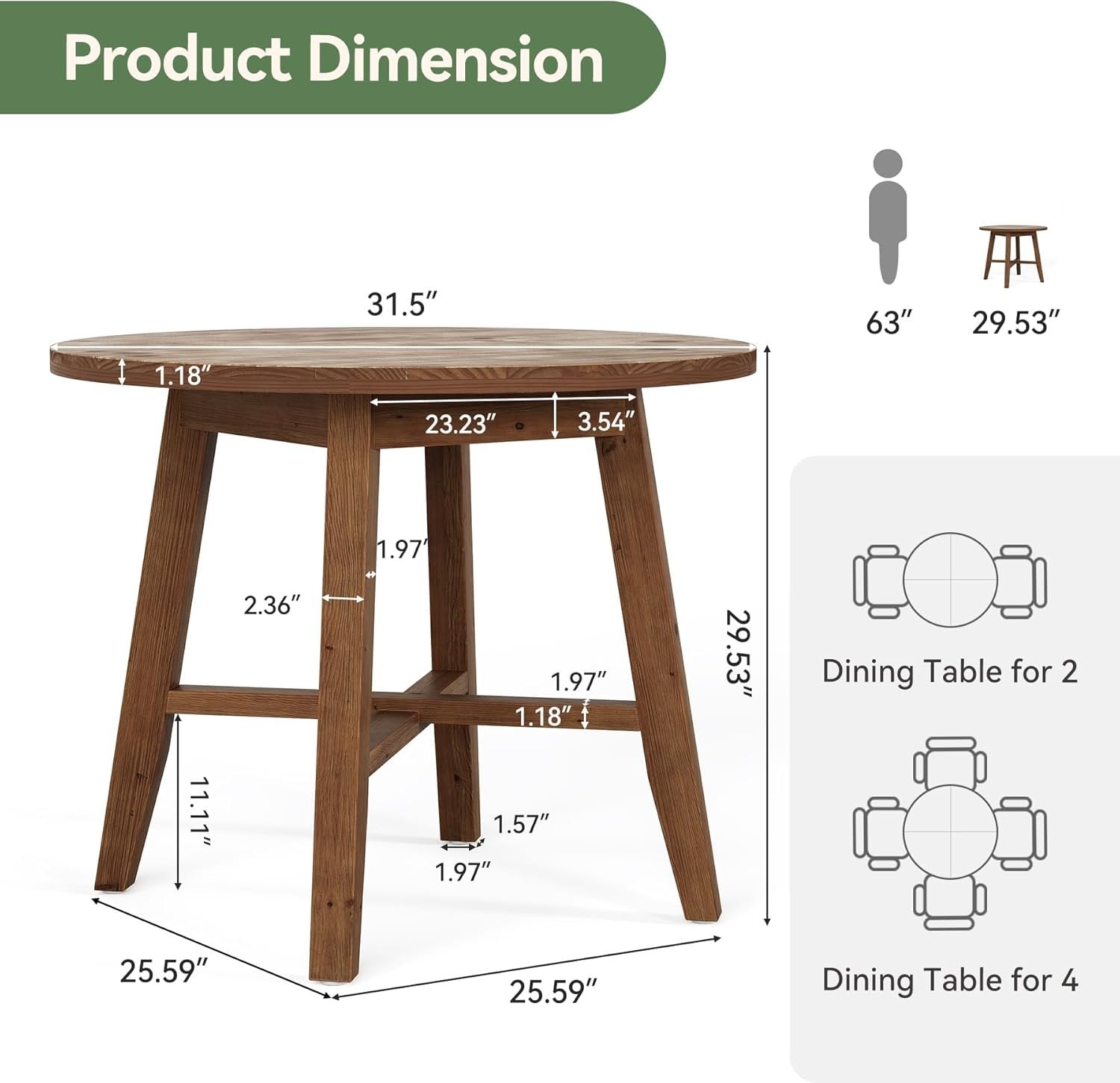 Solid Wood Round Dining Table, 31.5" Farmhouse Kitchen Table for 2-4