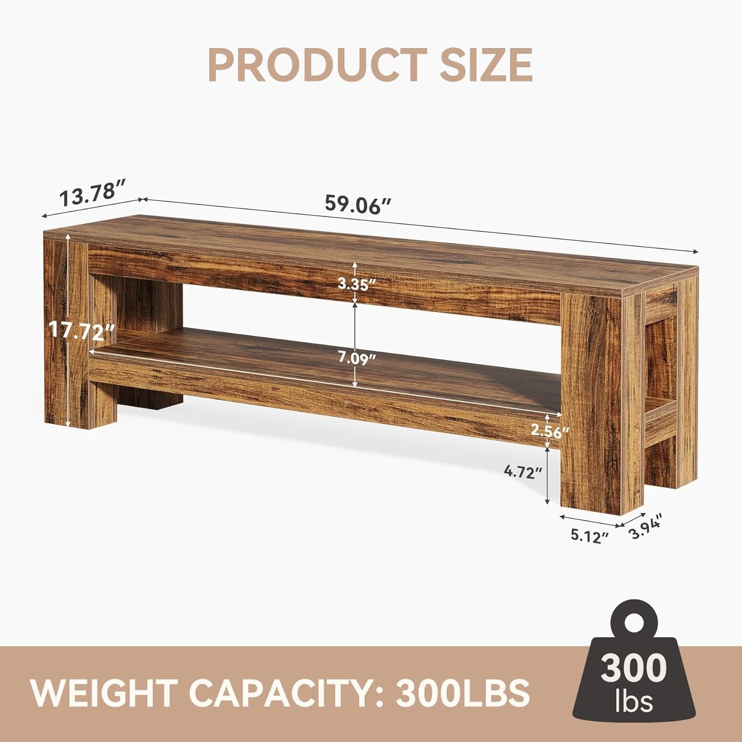 59" Dining Bench with Shelf, Farmhouse Kitchen Table Bench for Dining Room