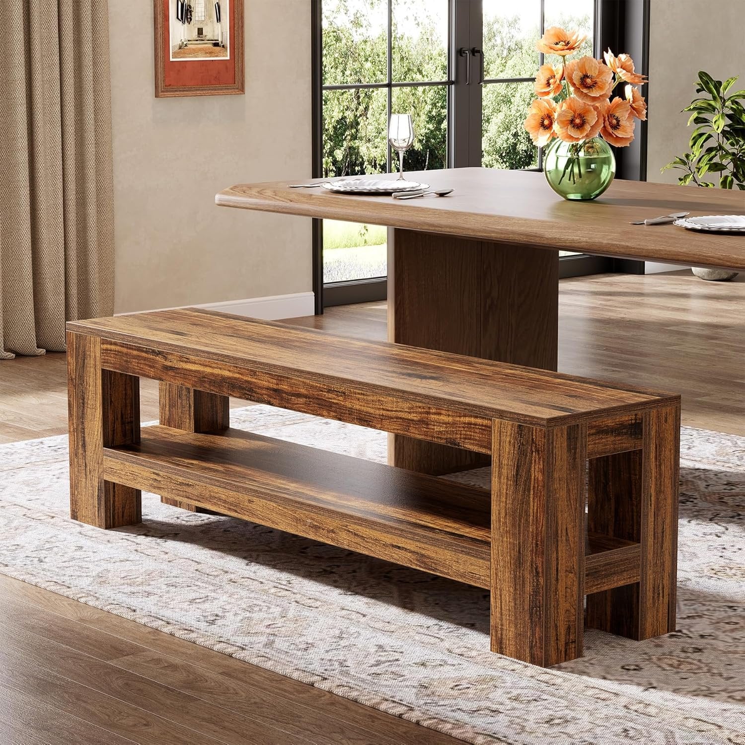 59" Dining Bench with Shelf, Farmhouse Kitchen Table Bench for Dining Room
