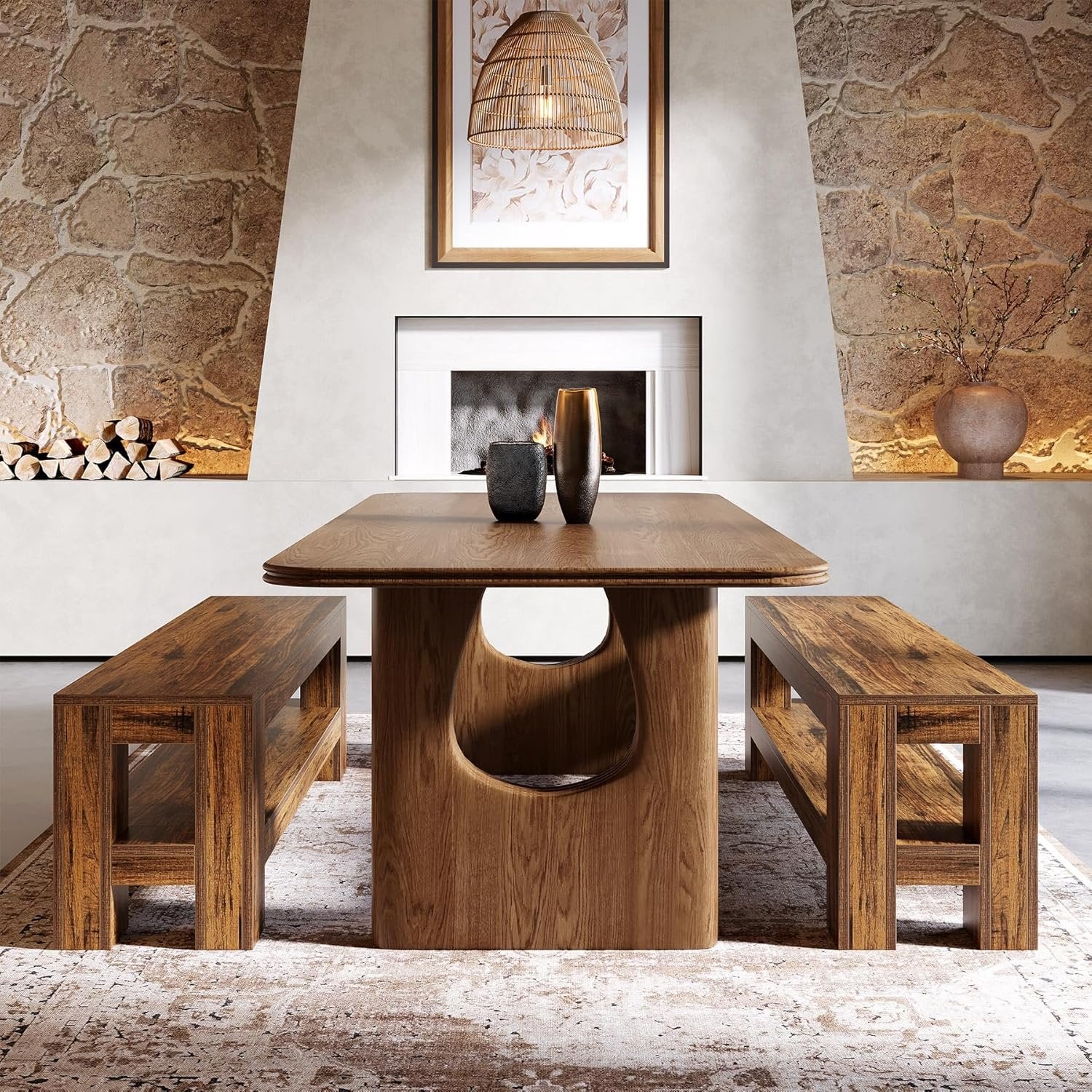 59" Dining Bench with Shelf, Farmhouse Kitchen Table Bench for Dining Room