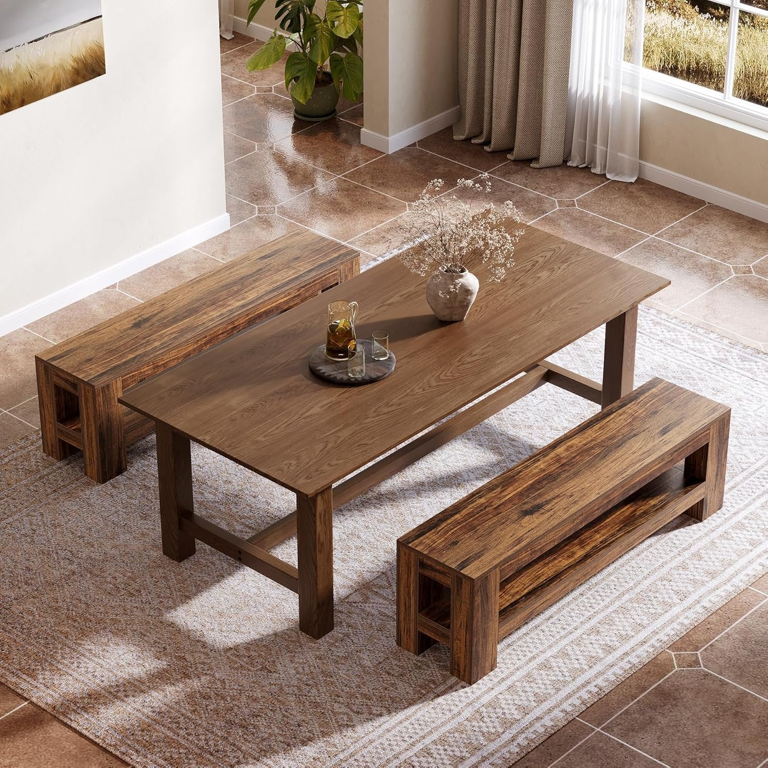 59" Dining Bench with Shelf, Farmhouse Kitchen Table Bench for Dining Room