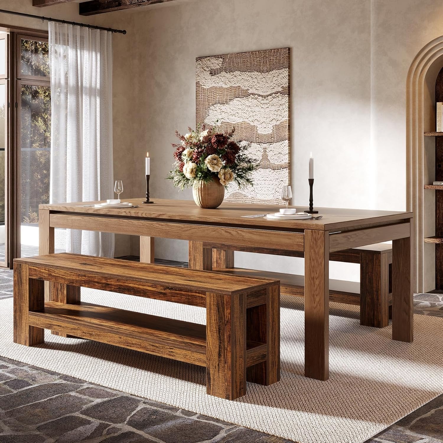 59" Dining Bench with Shelf, Farmhouse Kitchen Table Bench for Dining Room