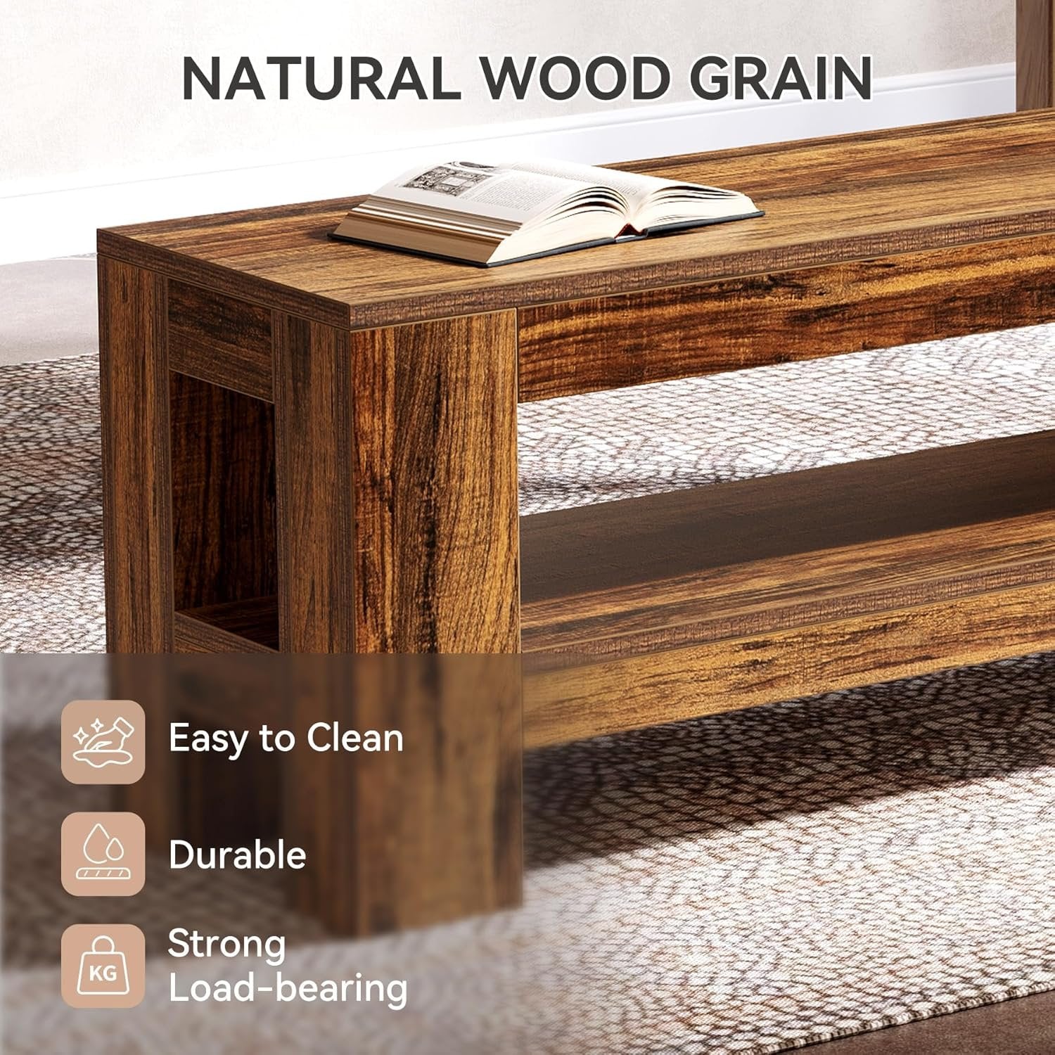 59" Dining Bench with Shelf, Farmhouse Kitchen Table Bench for Dining Room