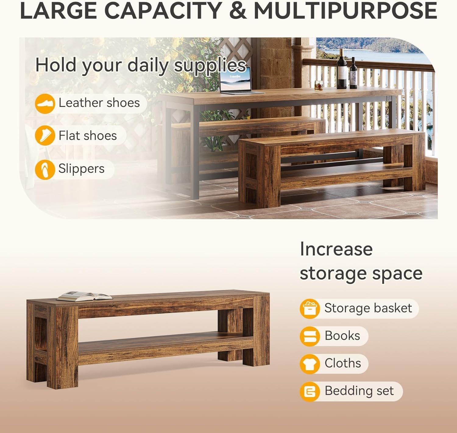 59" Dining Bench with Shelf, Farmhouse Kitchen Table Bench for Dining Room