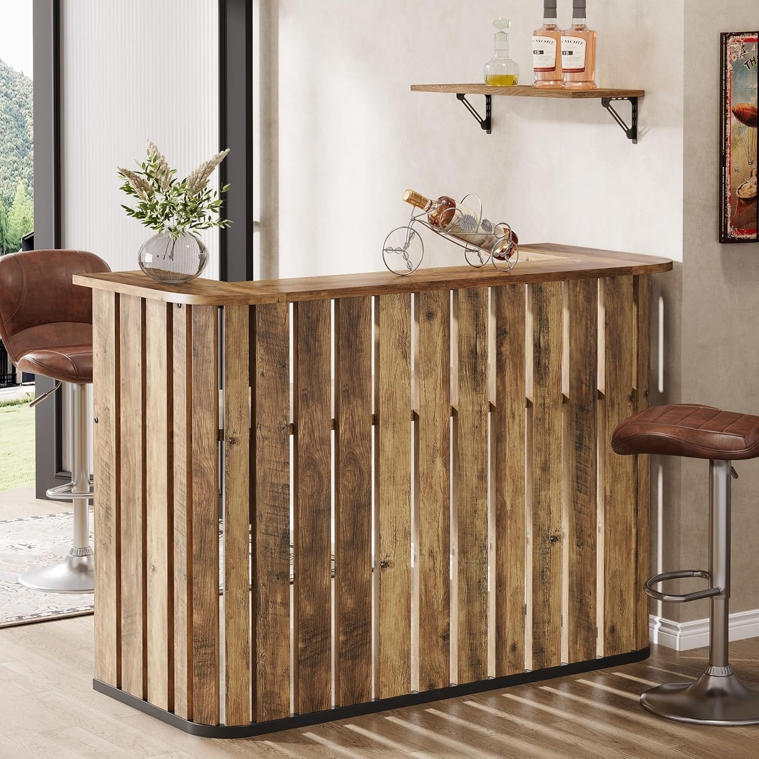 63" Home Bar Unit, Farmhouse Liquor Bar Table with 2-Tier Shelves