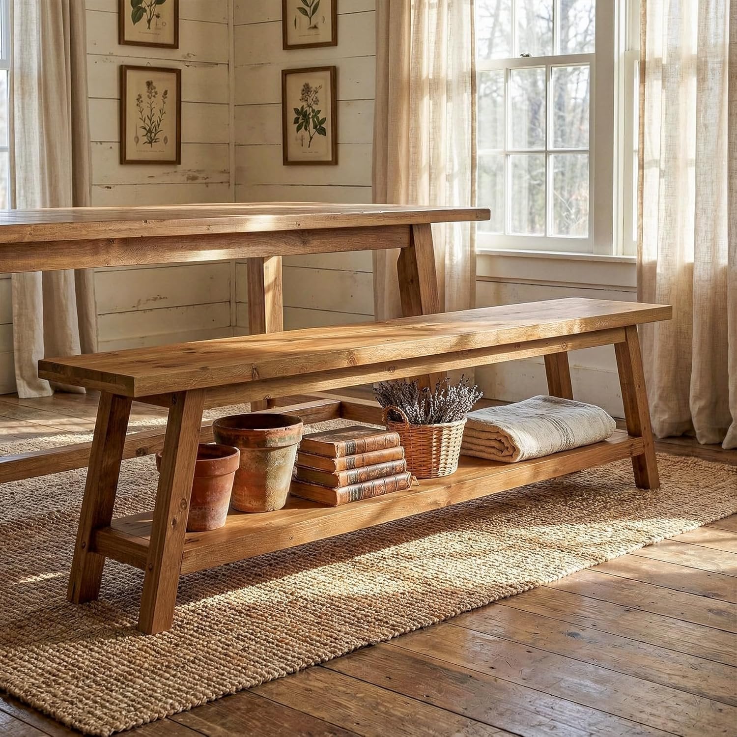 63" Solid Wood Dining Bench, Farmhouse Kitchen Bench Seating with Shelf