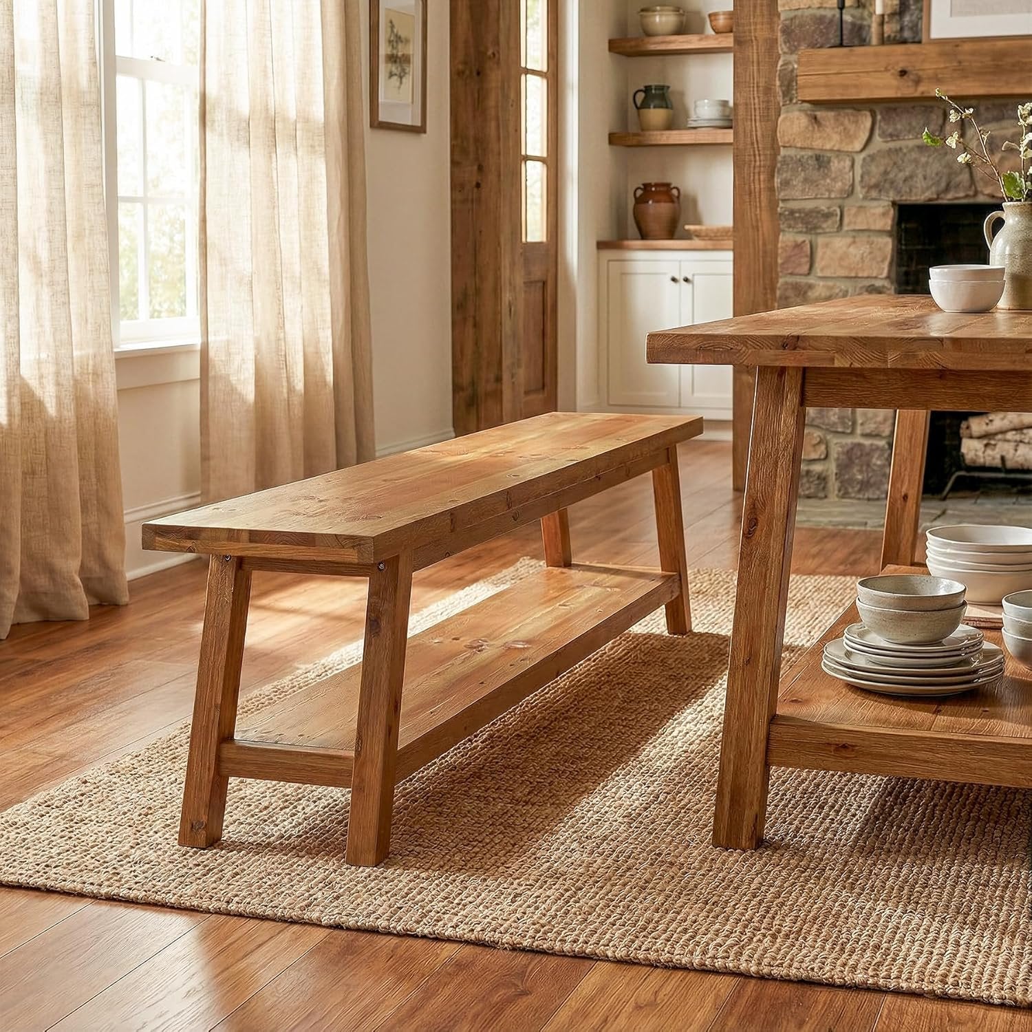 63" Solid Wood Dining Bench, Farmhouse Kitchen Bench Seating with Shelf