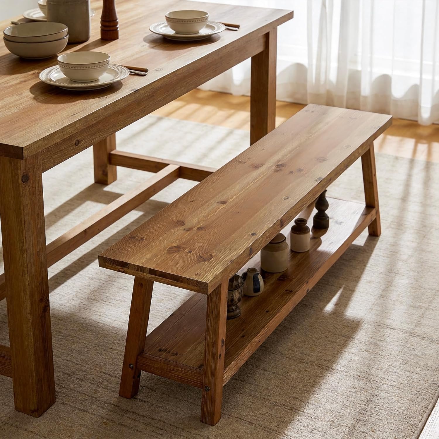 63" Solid Wood Dining Bench, Farmhouse Kitchen Bench Seating with Shelf