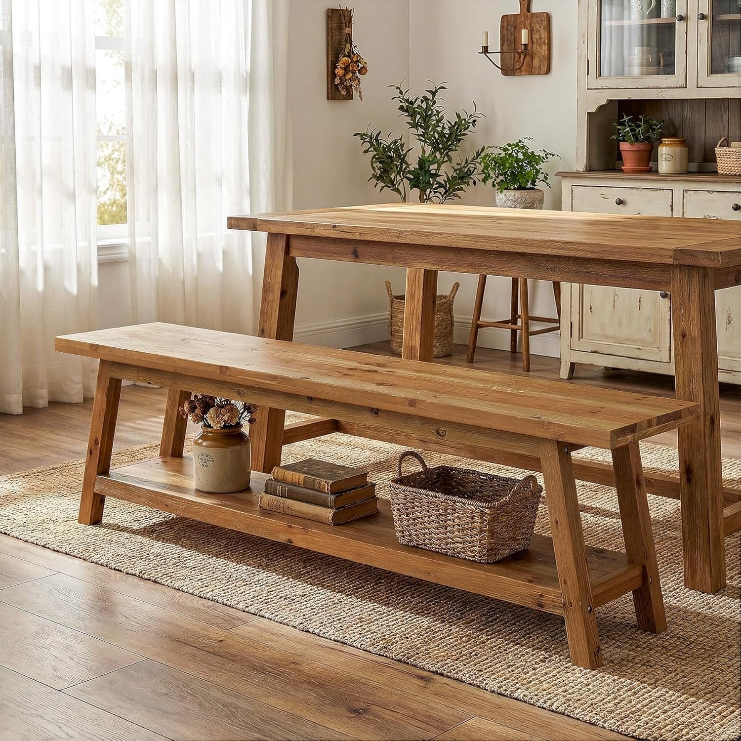 63" Solid Wood Dining Bench, Farmhouse Kitchen Bench Seating with Shelf