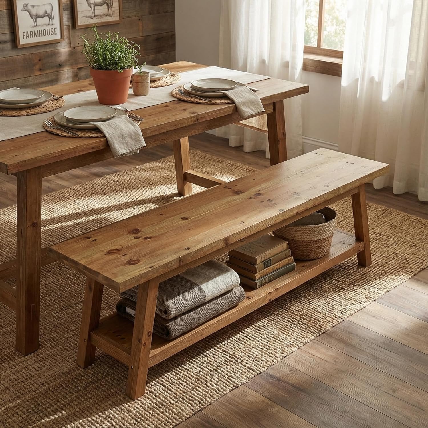 63" Solid Wood Dining Bench, Farmhouse Kitchen Bench Seating with Shelf