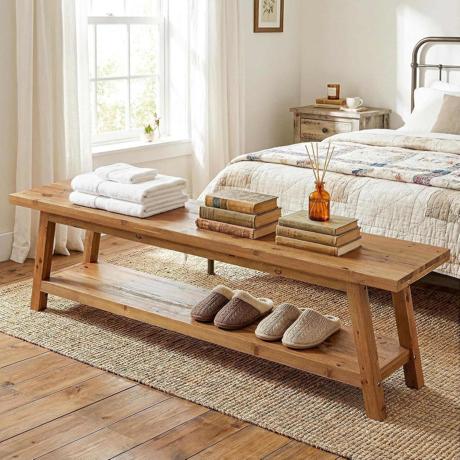 63" Solid Wood Dining Bench, Farmhouse Kitchen Bench Seating with Shelf
