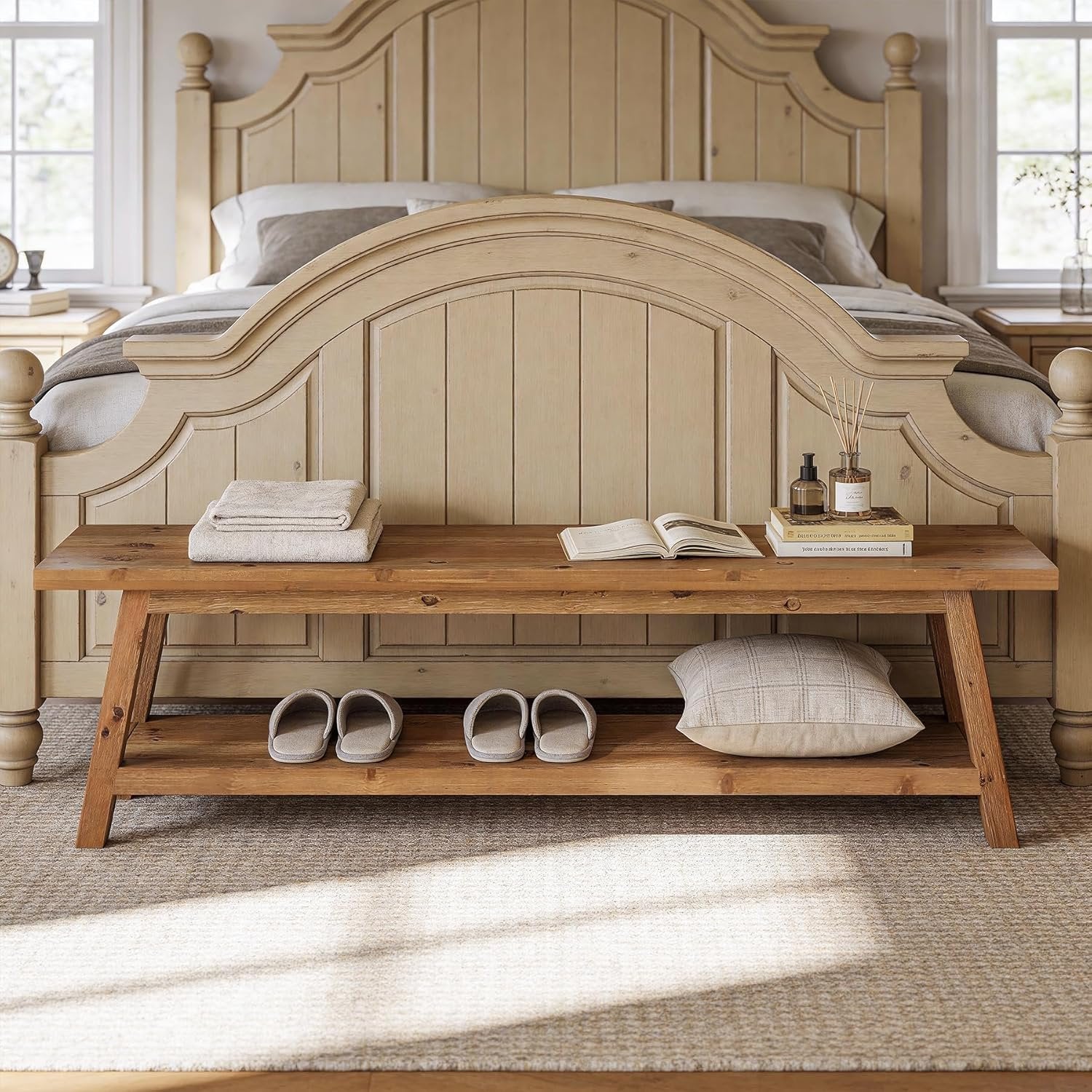 63" Solid Wood Dining Bench, Farmhouse Kitchen Bench Seating with Shelf