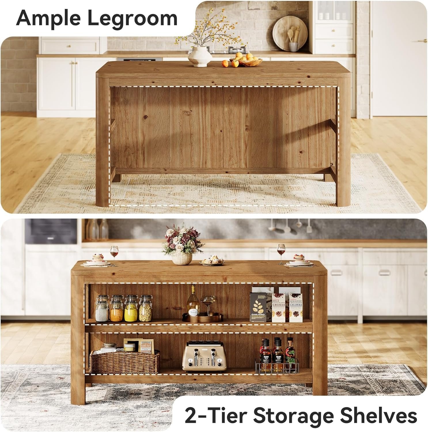 Solid Wood Bar Table, 63" Counter Height Pub Table with Storage Shelves
