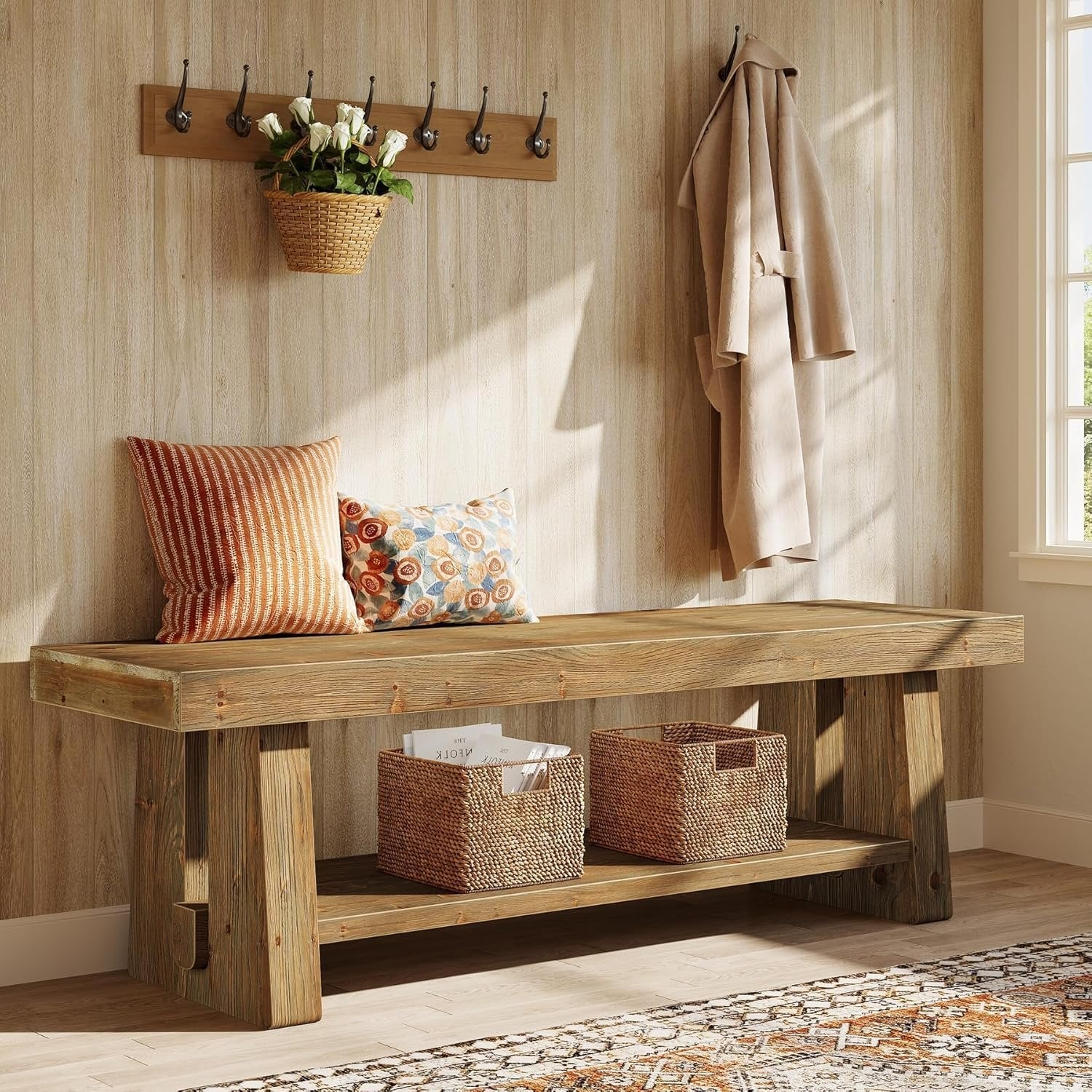 63" Solid Wood Entryway Bench, 2-Tier Shoe Storage Bench for Hallway