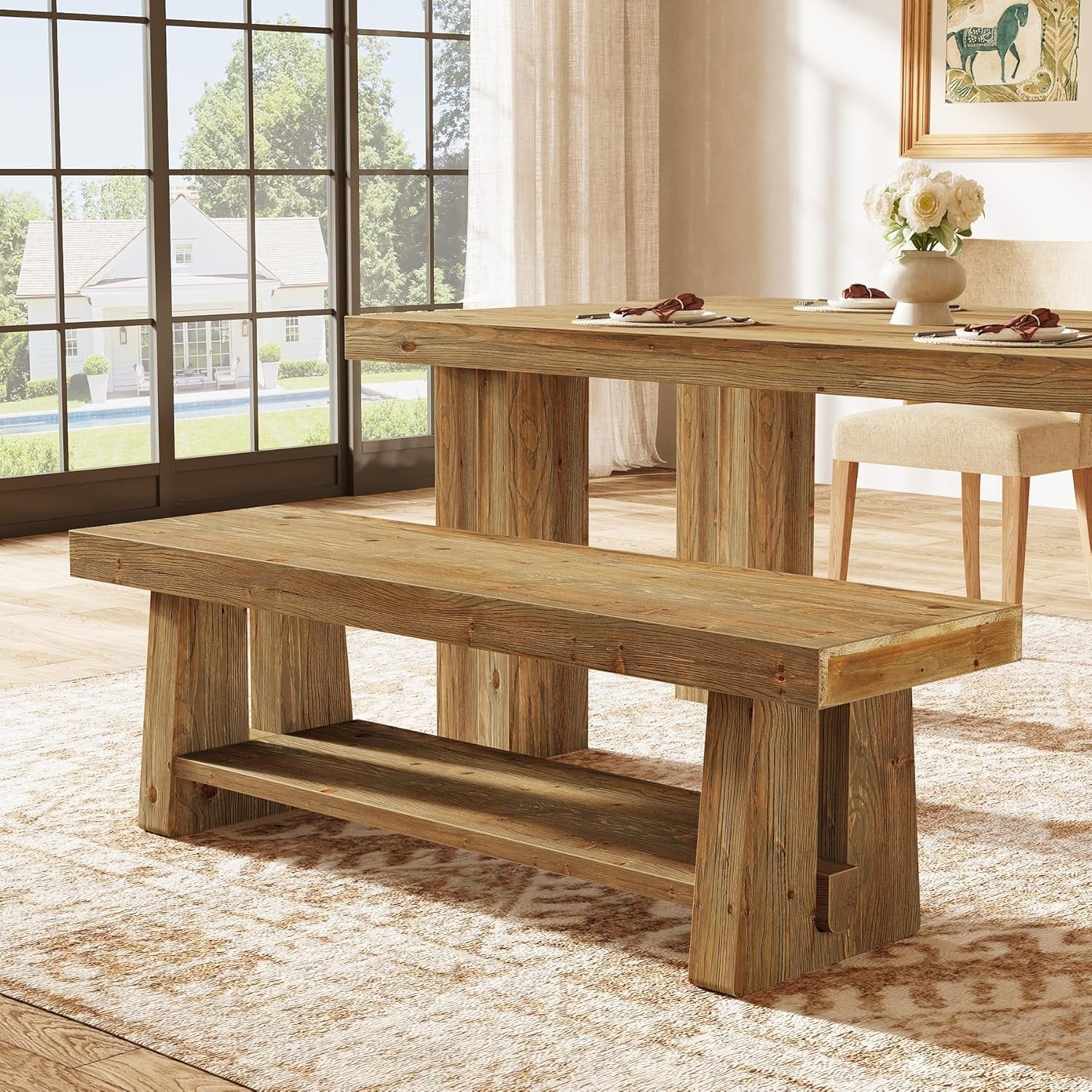 63" Solid Wood Entryway Bench, 2-Tier Shoe Storage Bench for Hallway