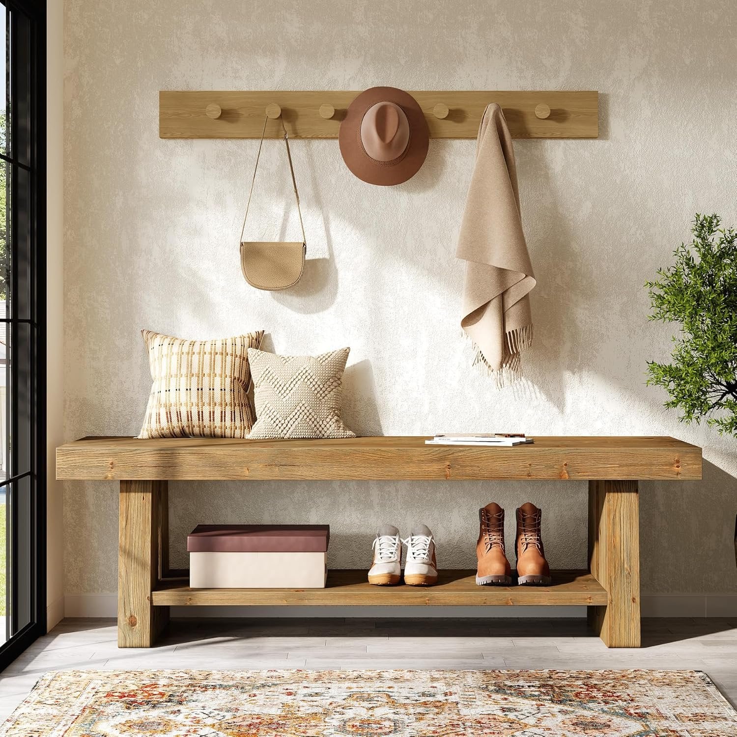 63" Solid Wood Entryway Bench, 2-Tier Shoe Storage Bench for Hallway
