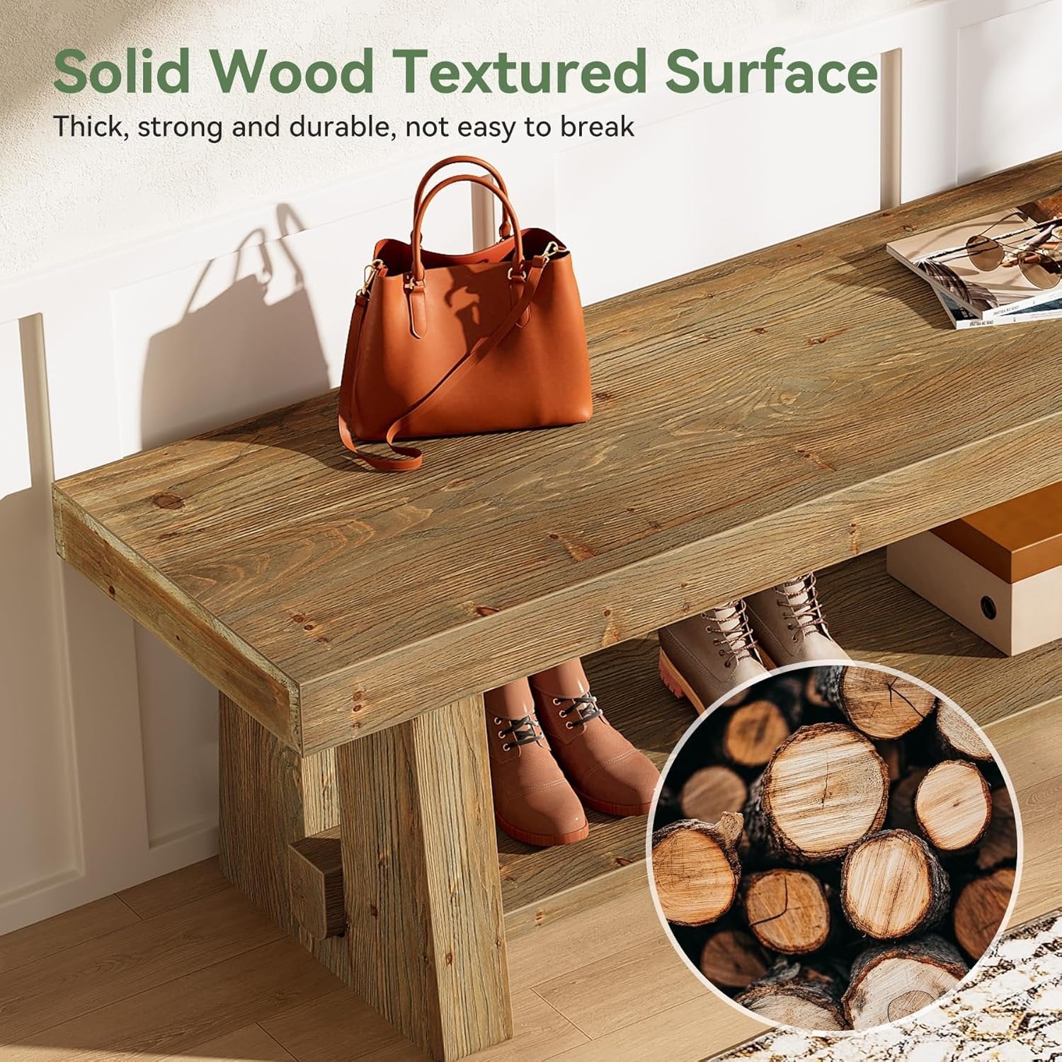 63" Solid Wood Entryway Bench, 2-Tier Shoe Storage Bench for Hallway