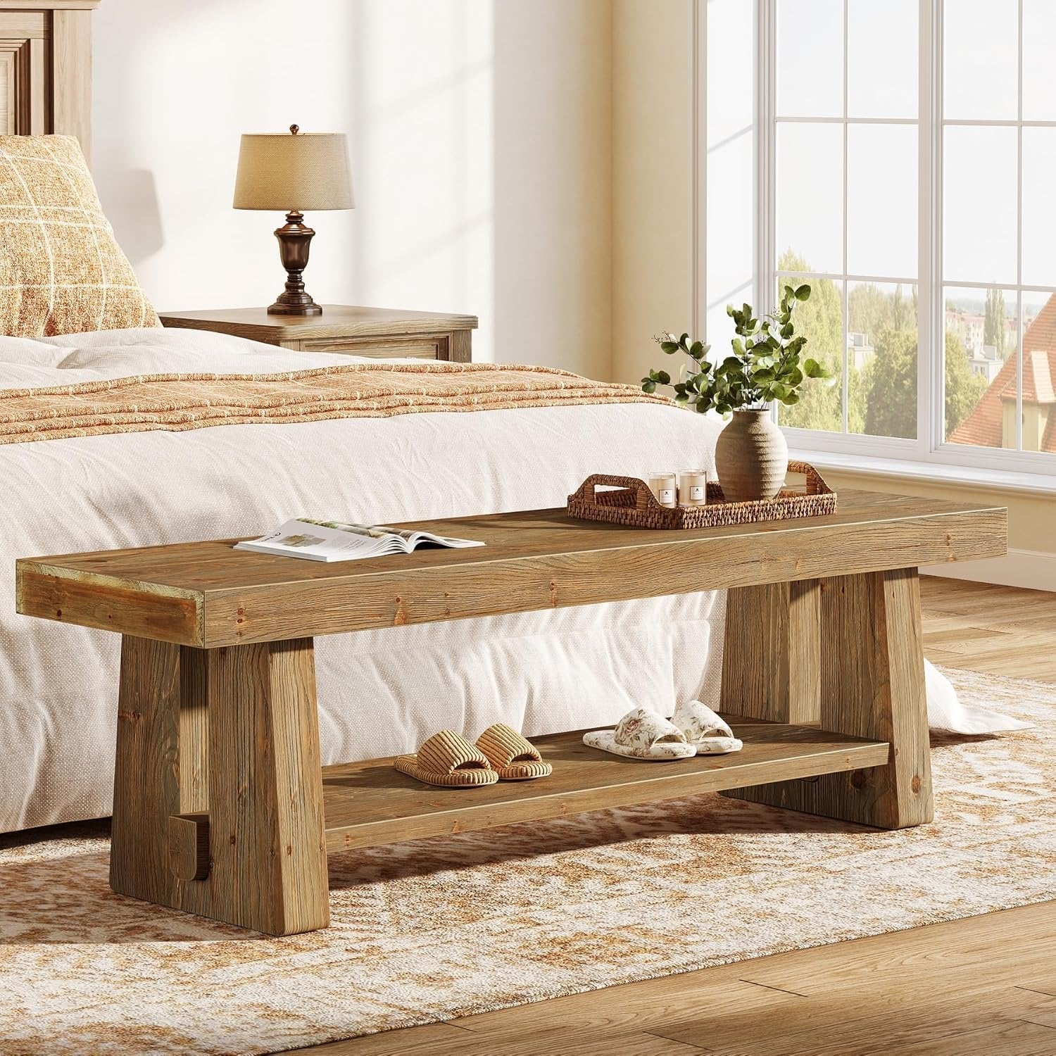 63" Solid Wood Entryway Bench, 2-Tier Shoe Storage Bench for Hallway