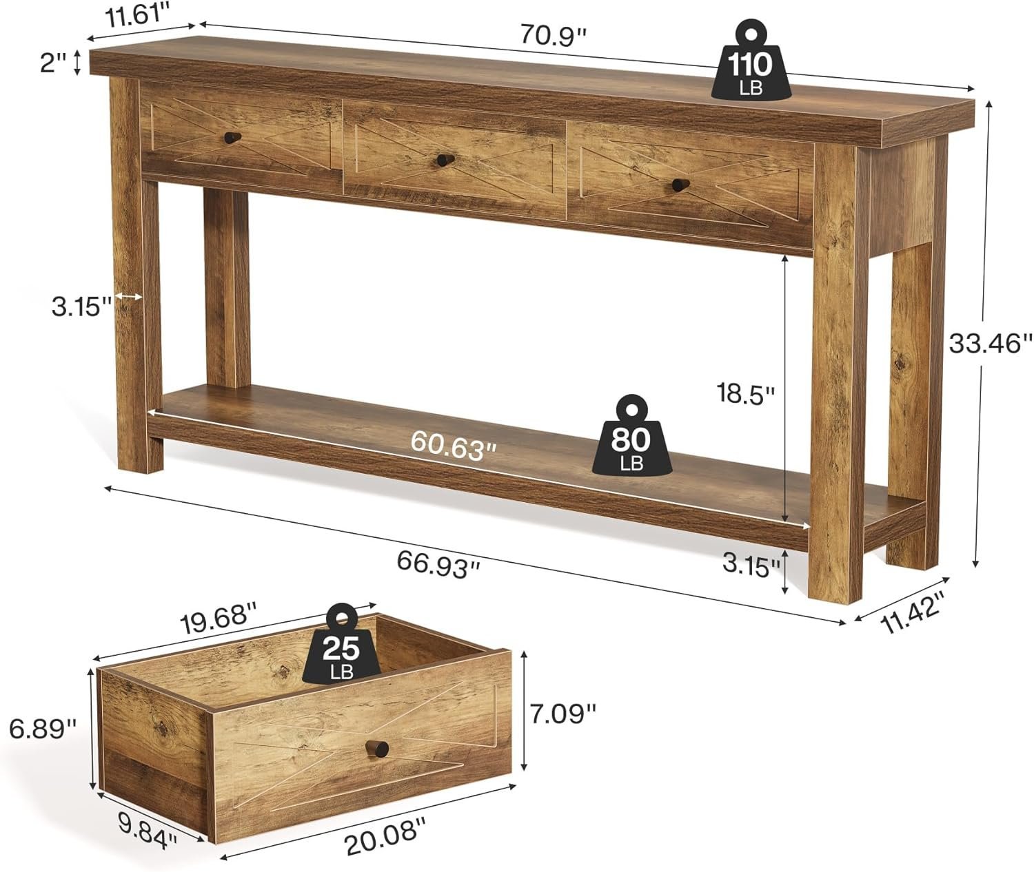 70.9” Console Table with 3 Drawers, Narrow Entryway Table with Storage Shelf