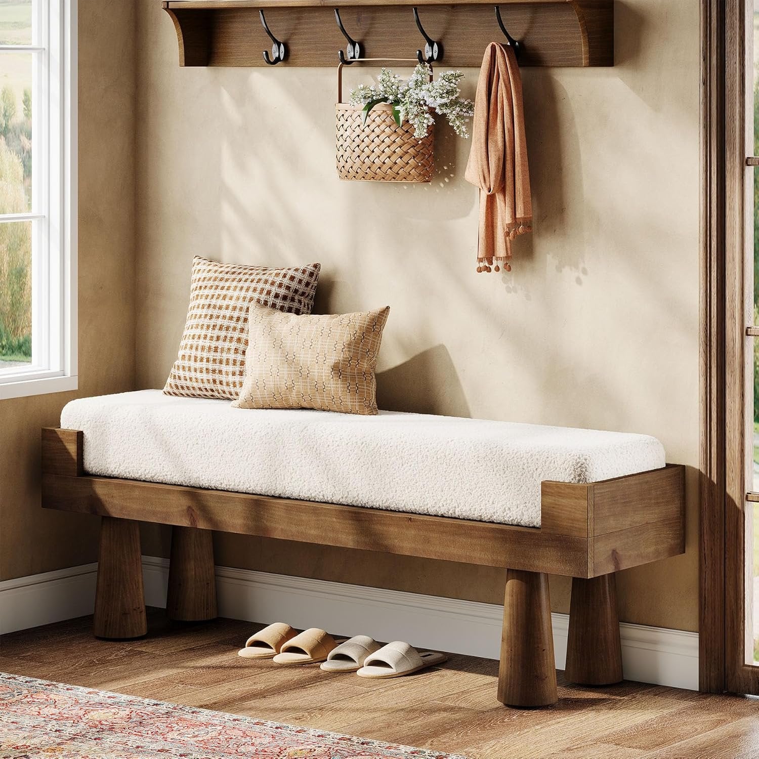 47" Upholstered Entryway Shoe Bench, End of Bed Bench with Solid Wood Legs