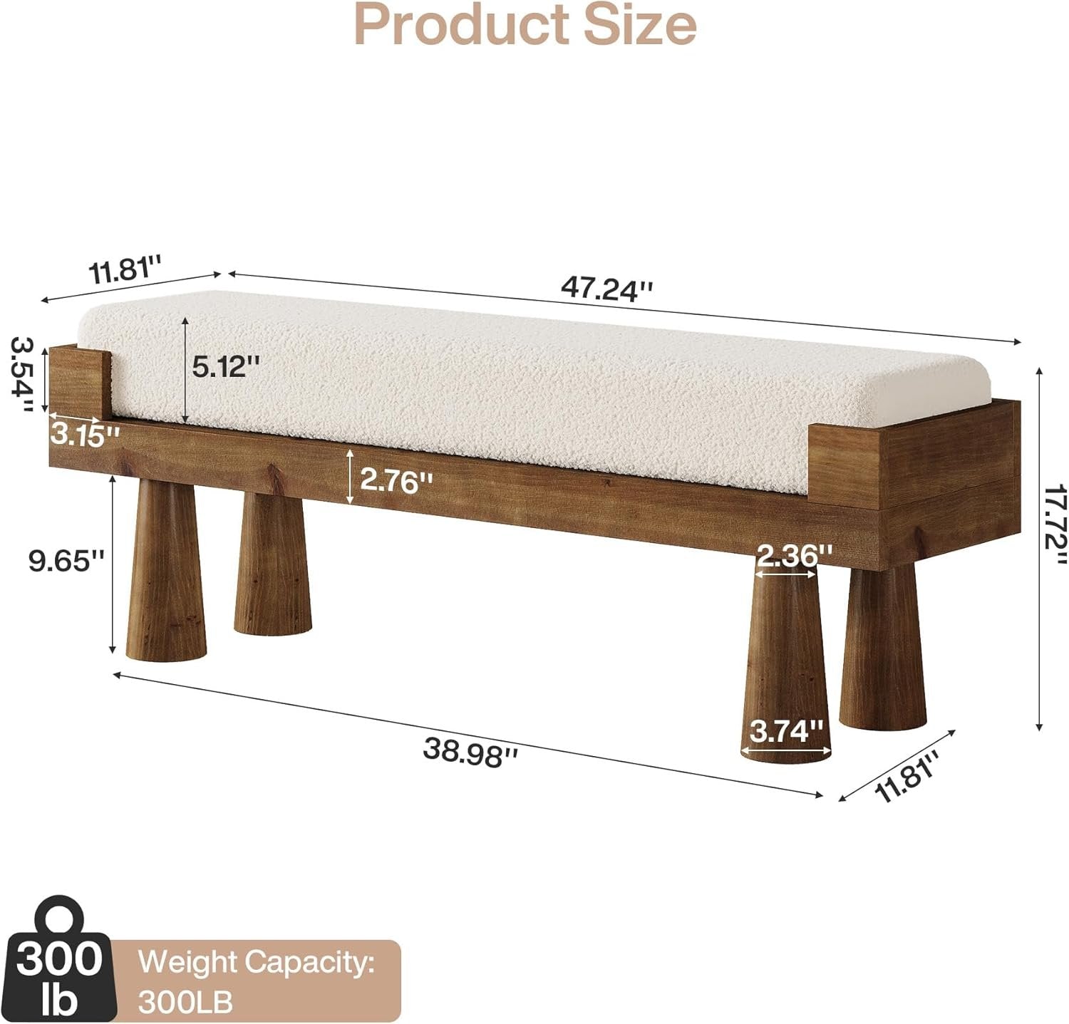 47" Upholstered Entryway Shoe Bench, End of Bed Bench with Solid Wood Legs