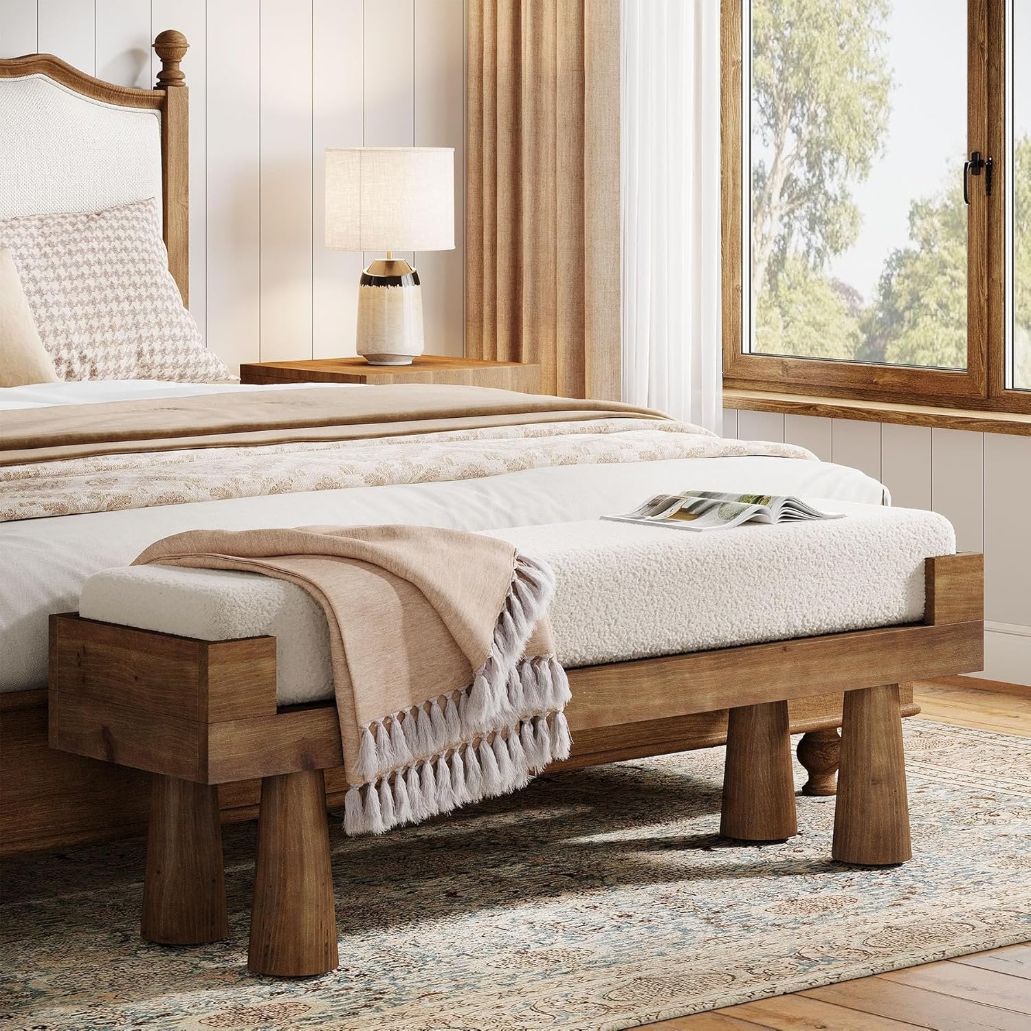 47" Upholstered Entryway Shoe Bench, End of Bed Bench with Solid Wood Legs