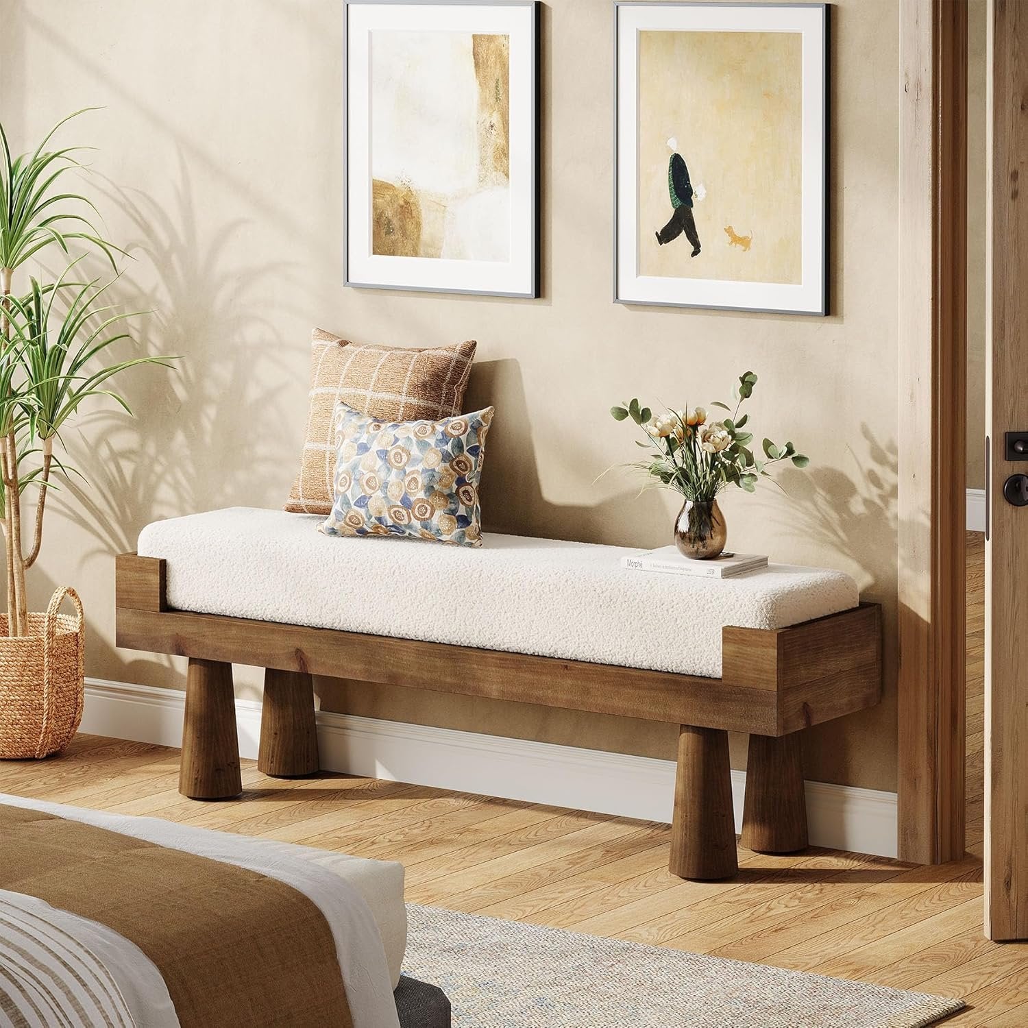 47" Upholstered Entryway Shoe Bench, End of Bed Bench with Solid Wood Legs