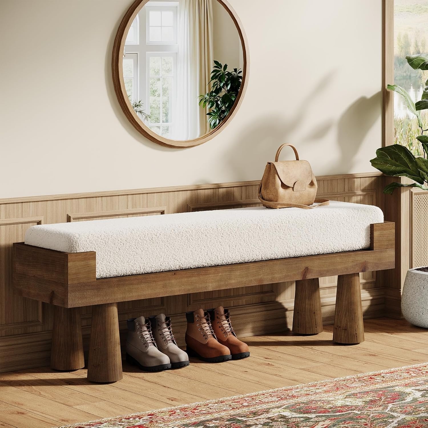 47" Upholstered Entryway Shoe Bench, End of Bed Bench with Solid Wood Legs