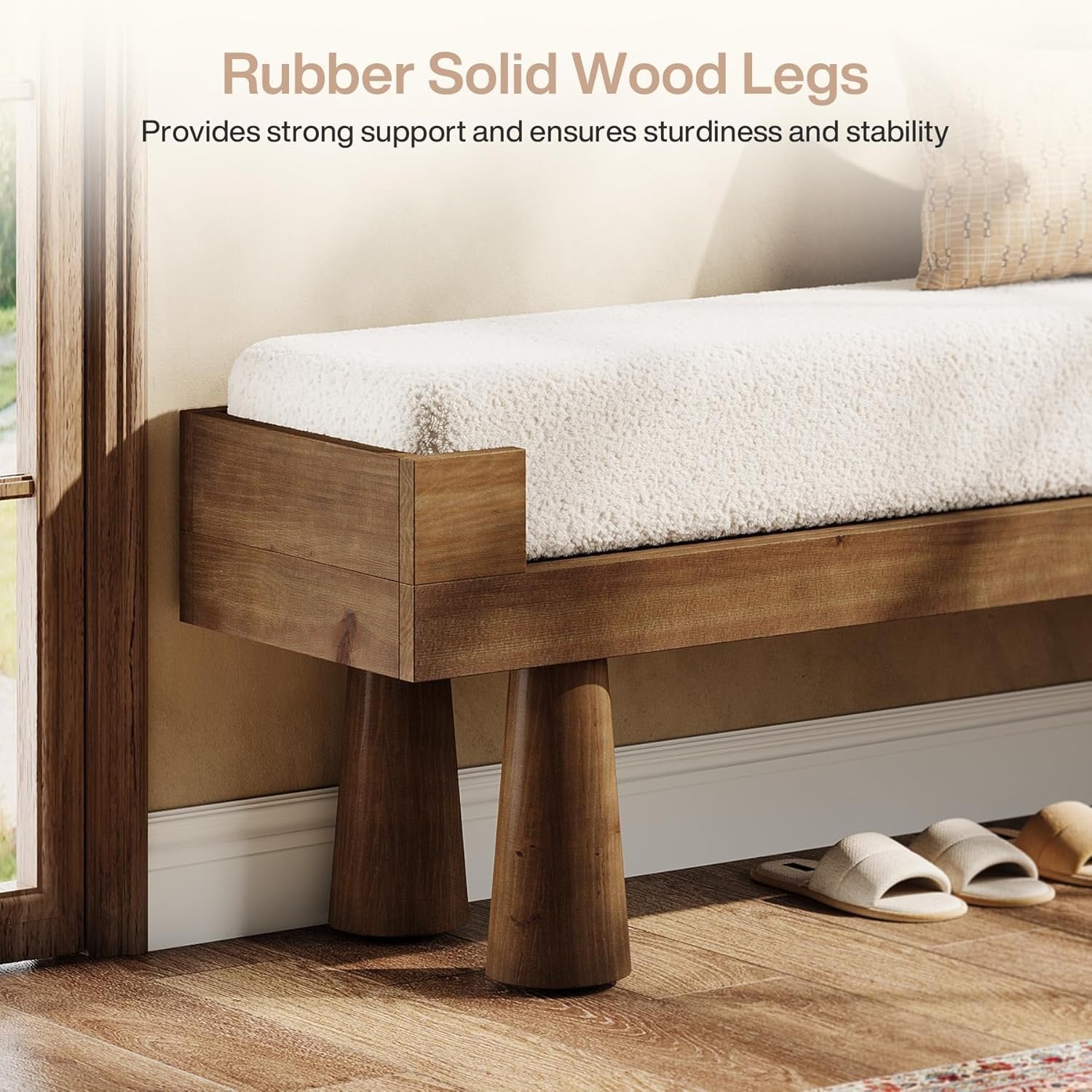 47" Upholstered Entryway Shoe Bench, End of Bed Bench with Solid Wood Legs