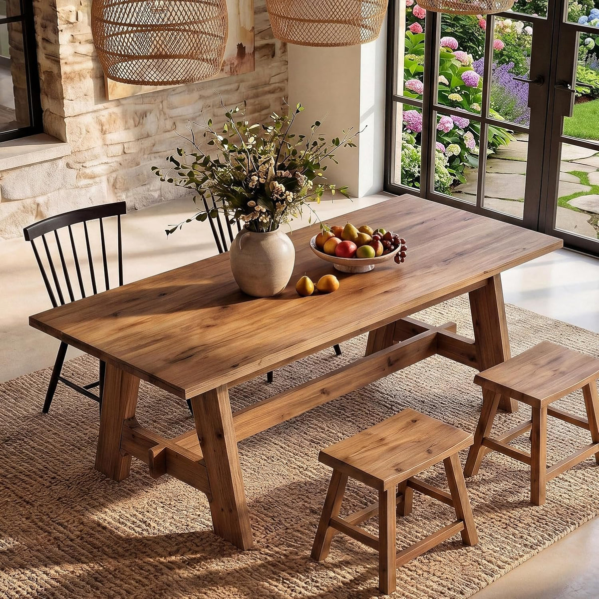 63" Farmhouse Dining Table, Solid Wood Rectangle Kitchen Table with Sturdy Trestle Base for 4-6