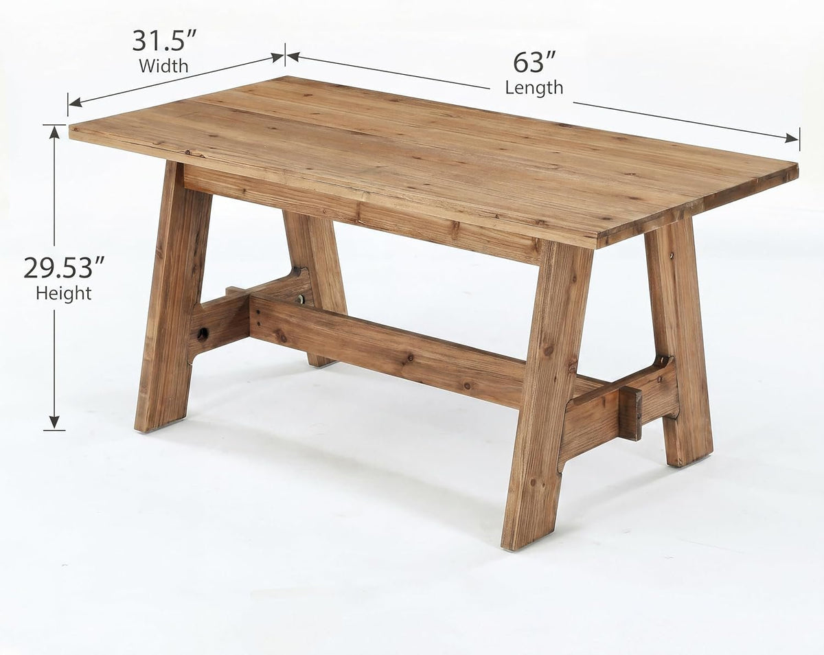 63" Farmhouse Dining Table, Solid Wood Rectangle Kitchen Table with Sturdy Trestle Base for 4-6