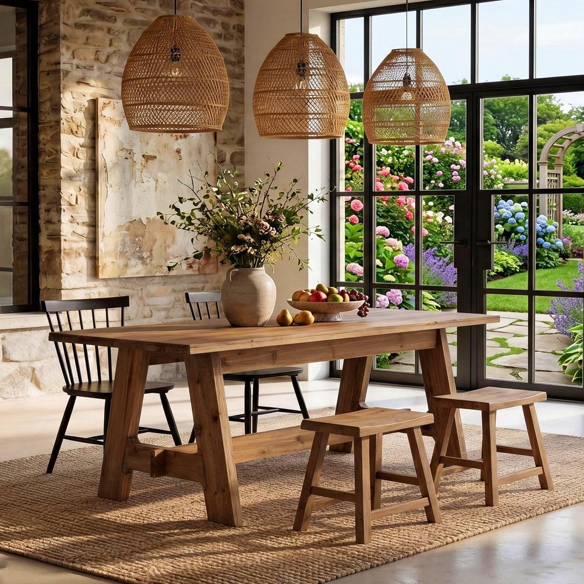 63" Farmhouse Dining Table, Solid Wood Rectangle Kitchen Table with Sturdy Trestle Base for 4-6