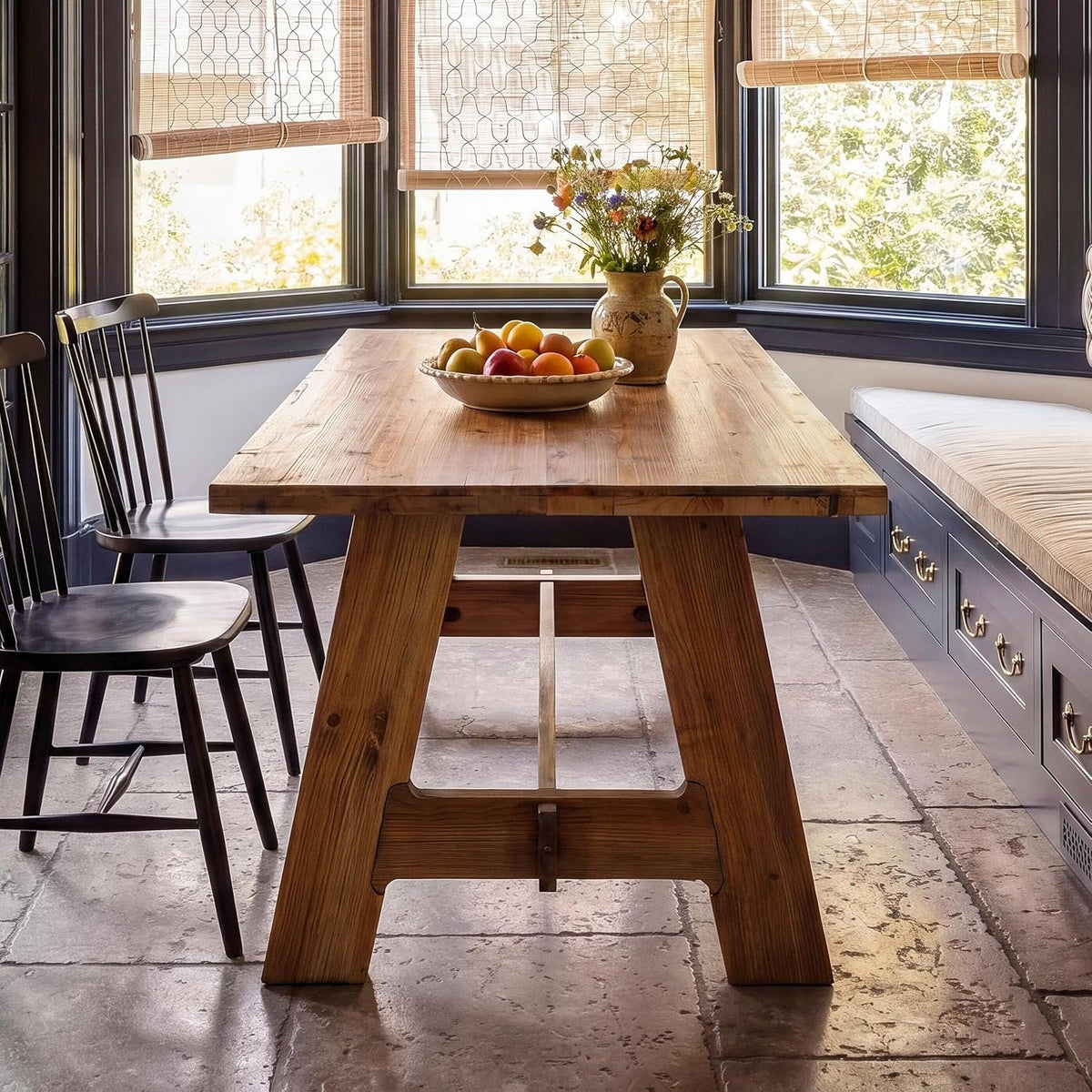63" Farmhouse Dining Table, Solid Wood Rectangle Kitchen Table with Sturdy Trestle Base for 4-6