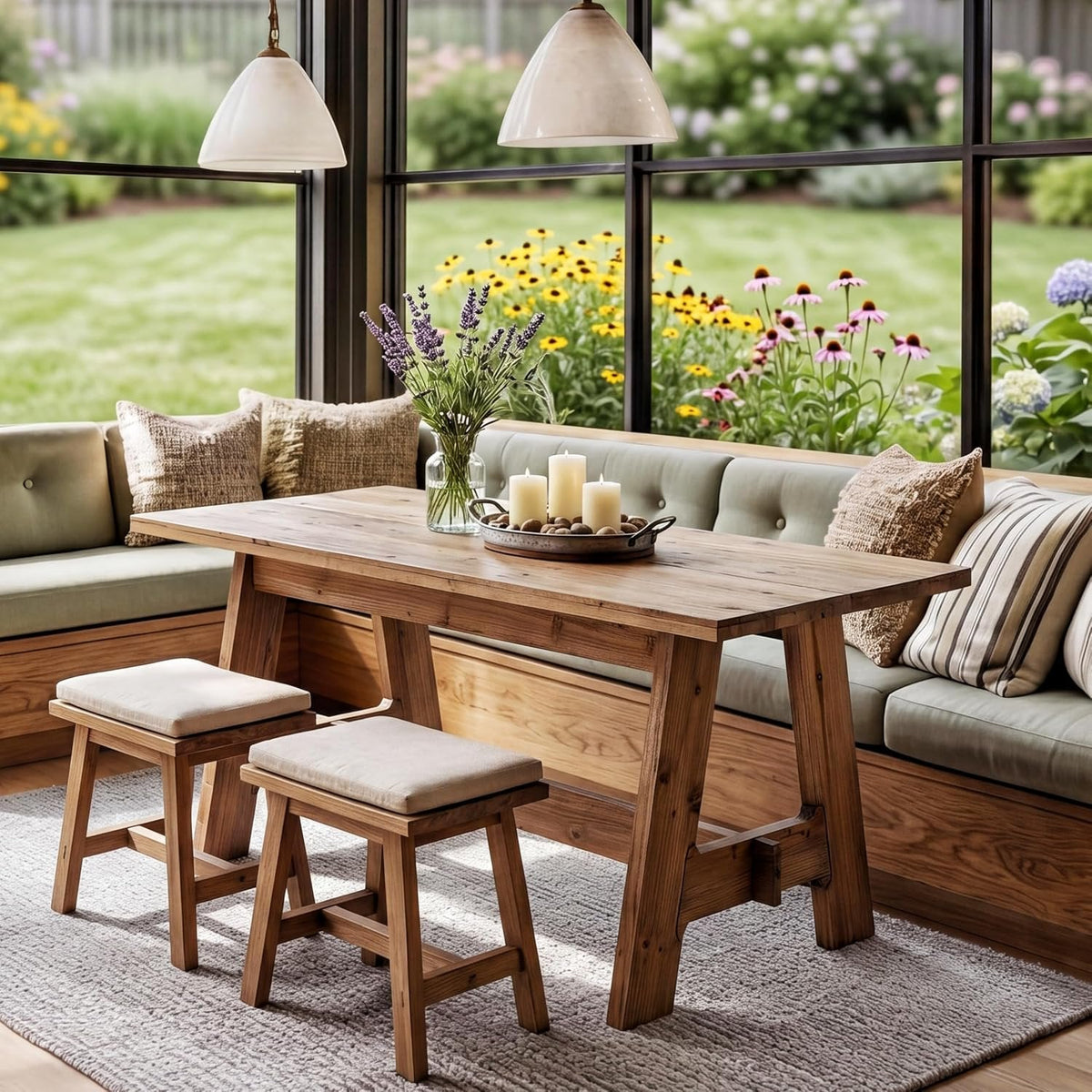 63" Farmhouse Dining Table, Solid Wood Rectangle Kitchen Table with Sturdy Trestle Base for 4-6