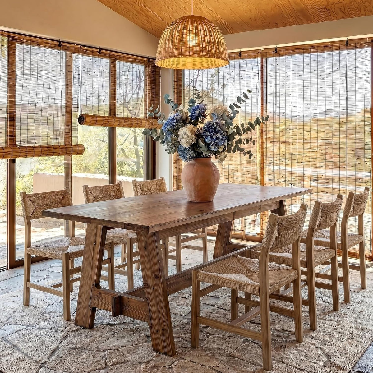 63" Farmhouse Dining Table, Solid Wood Rectangle Kitchen Table with Sturdy Trestle Base for 4-6