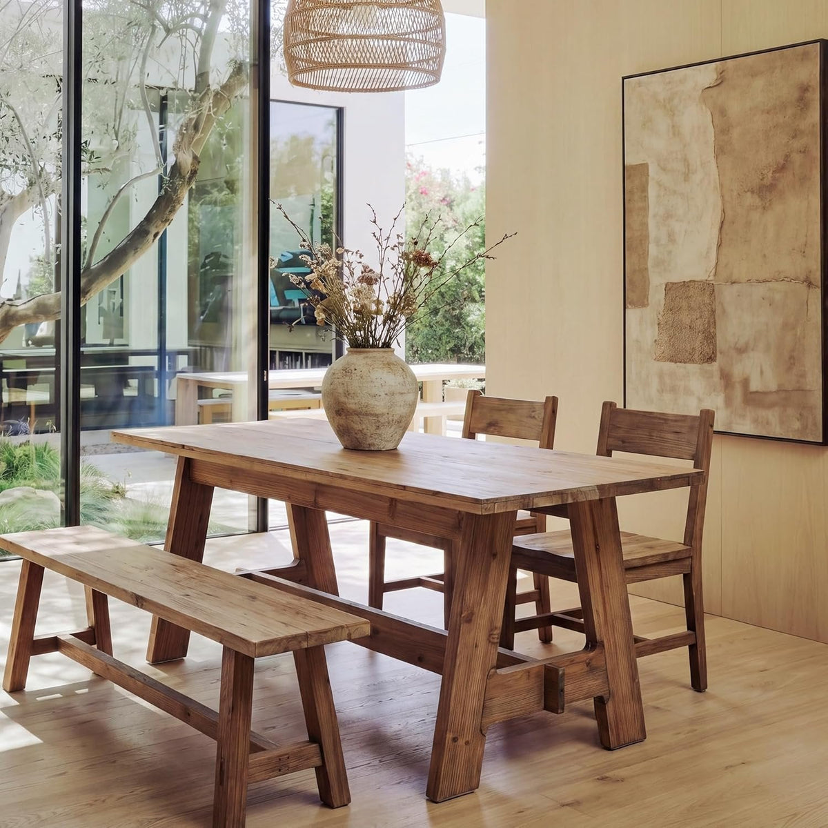 63" Farmhouse Dining Table, Solid Wood Rectangle Kitchen Table with Sturdy Trestle Base for 4-6
