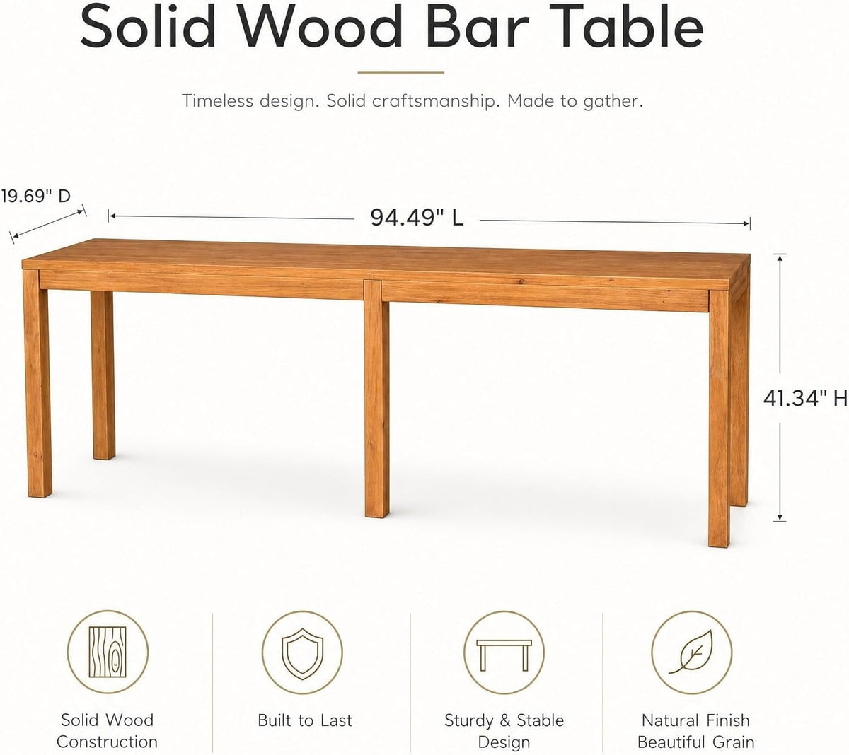 95" Solid Wood Bar Table, Counter-Height Dining Pub Table for Kitchen