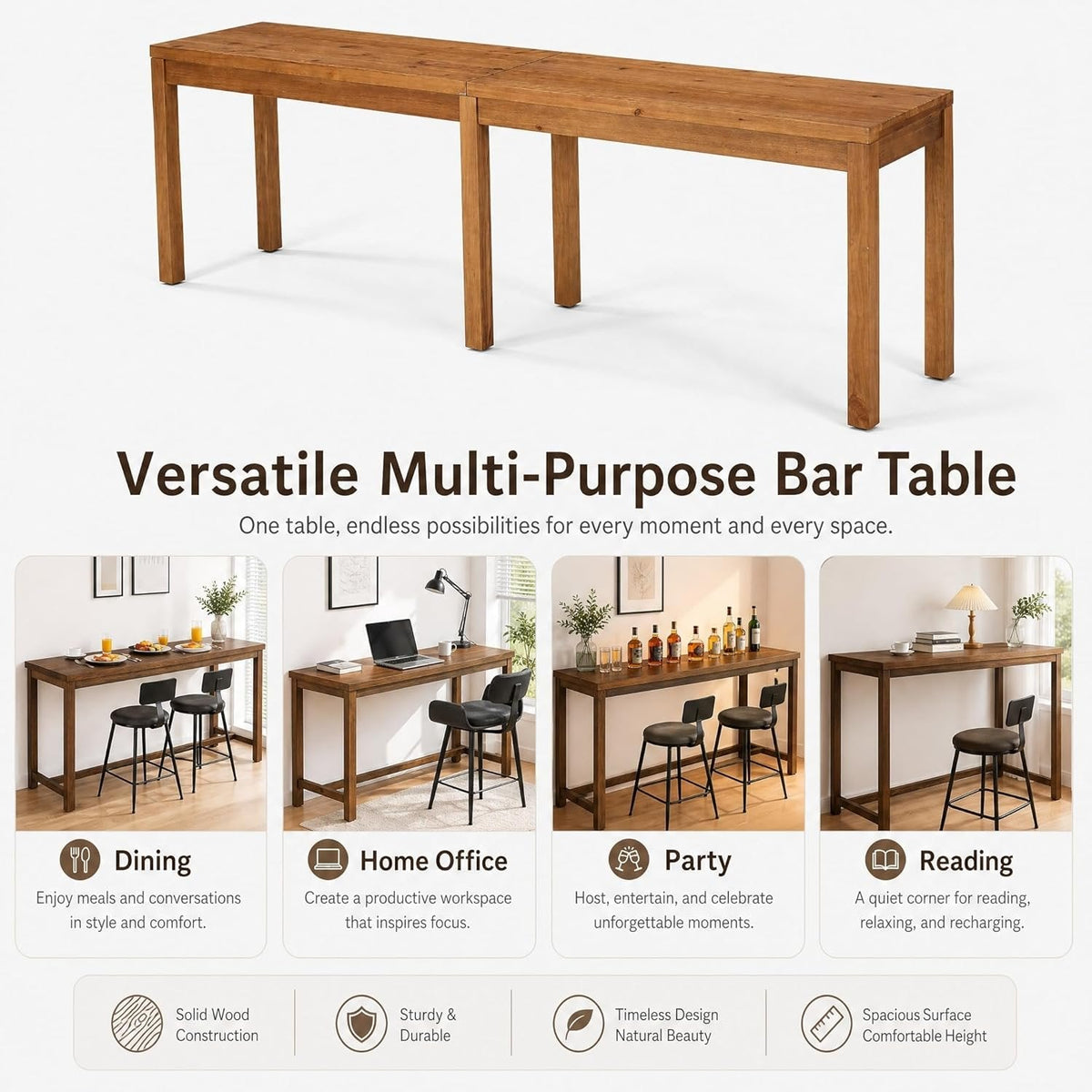 95" Solid Wood Bar Table, Counter-Height Dining Pub Table for Kitchen