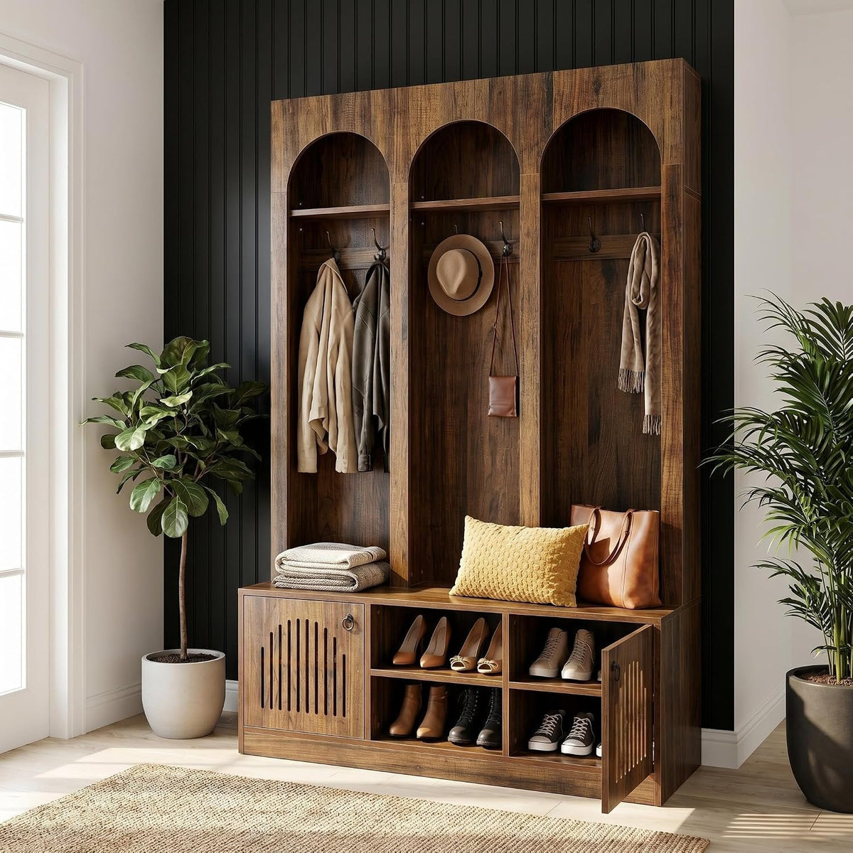71" Tall 3 Arch Hall Tree, Entryway Coat Rack Shoe Storage Bench with 6 hooks