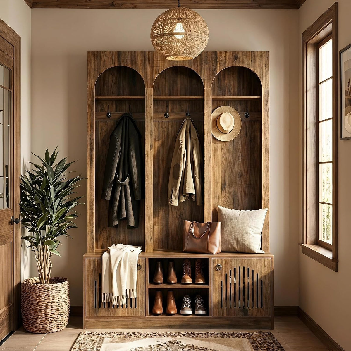 71" Tall 3 Arch Hall Tree, Entryway Coat Rack Shoe Storage Bench with 6 hooks