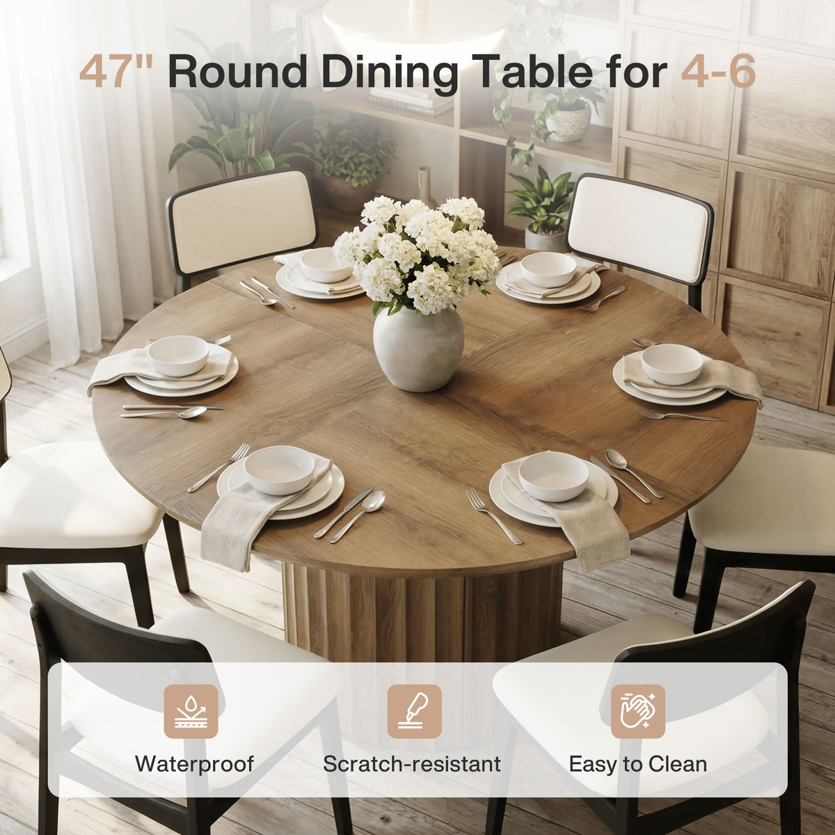 47" Round Dining Table for 4-6, Modern Kitchen Table with Fluted Pedestal Base for Dining Room