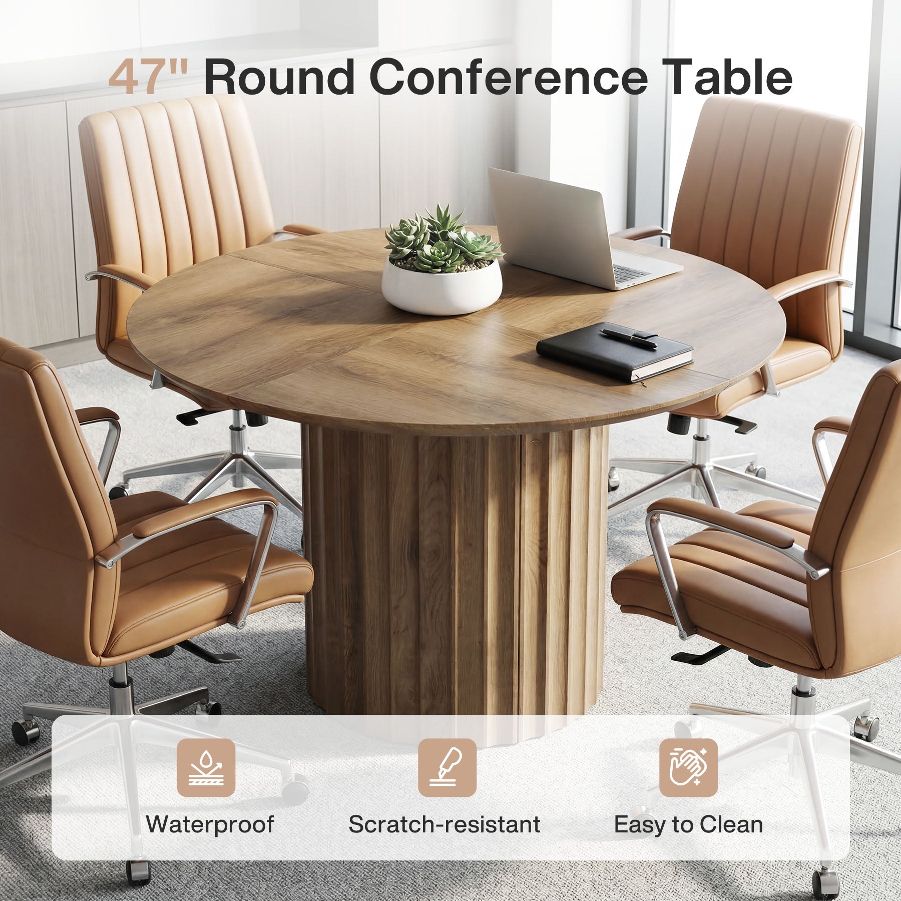 47" Round Conference Table for 4-6, Modern Rustic Meeting Table with Sturdy Base