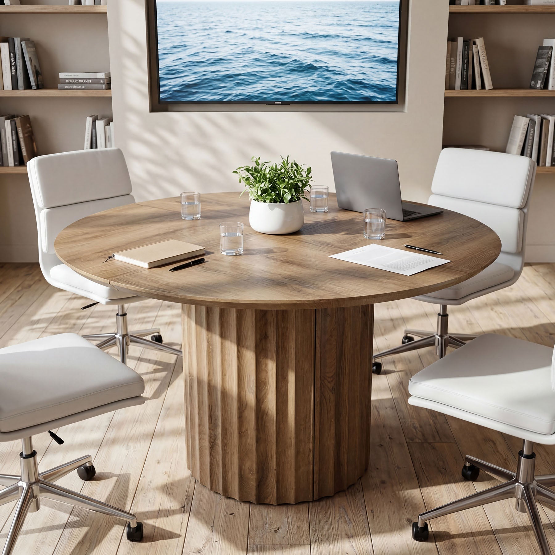 47" Round Conference Table for 4-6, Modern Rustic Meeting Table with Sturdy Base