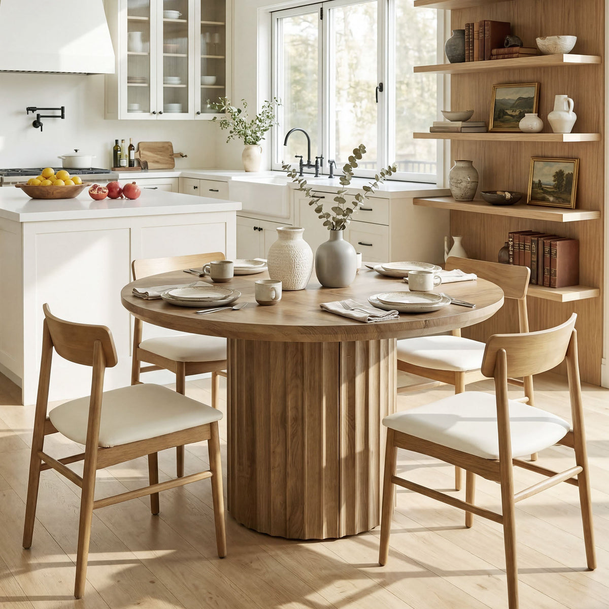 47" Round Dining Table for 4-6, Modern Kitchen Table with Fluted Pedestal Base for Dining Room