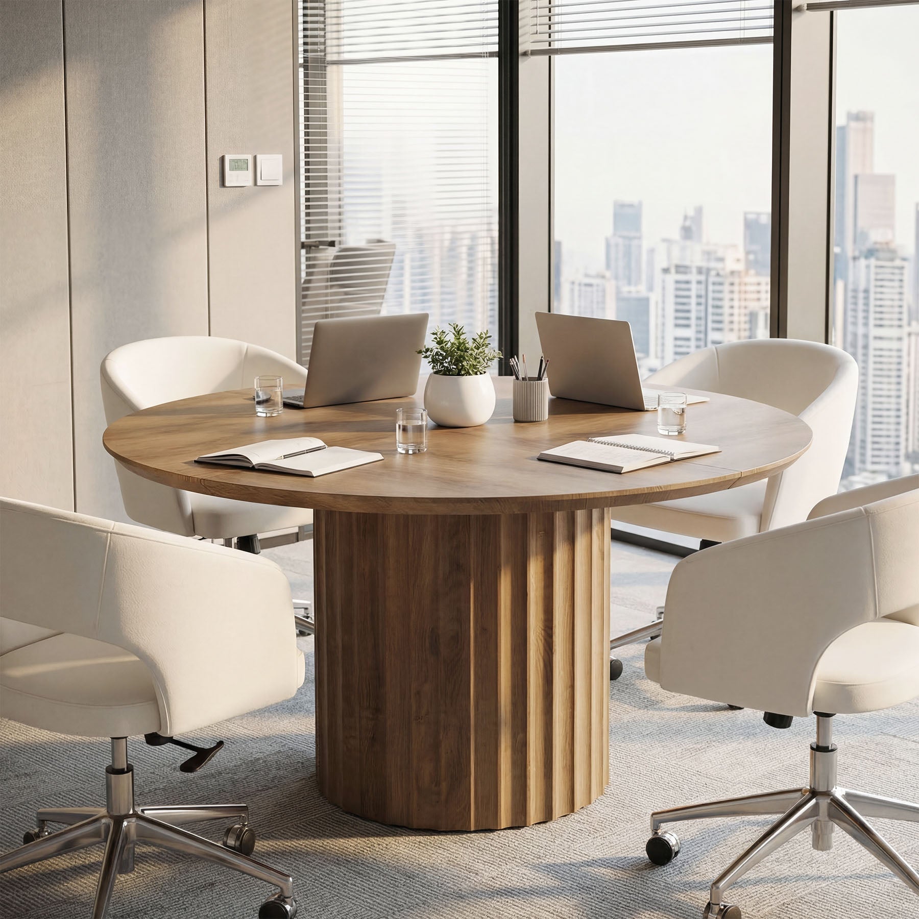 47" Round Conference Table for 4-6, Modern Rustic Meeting Table with Sturdy Base