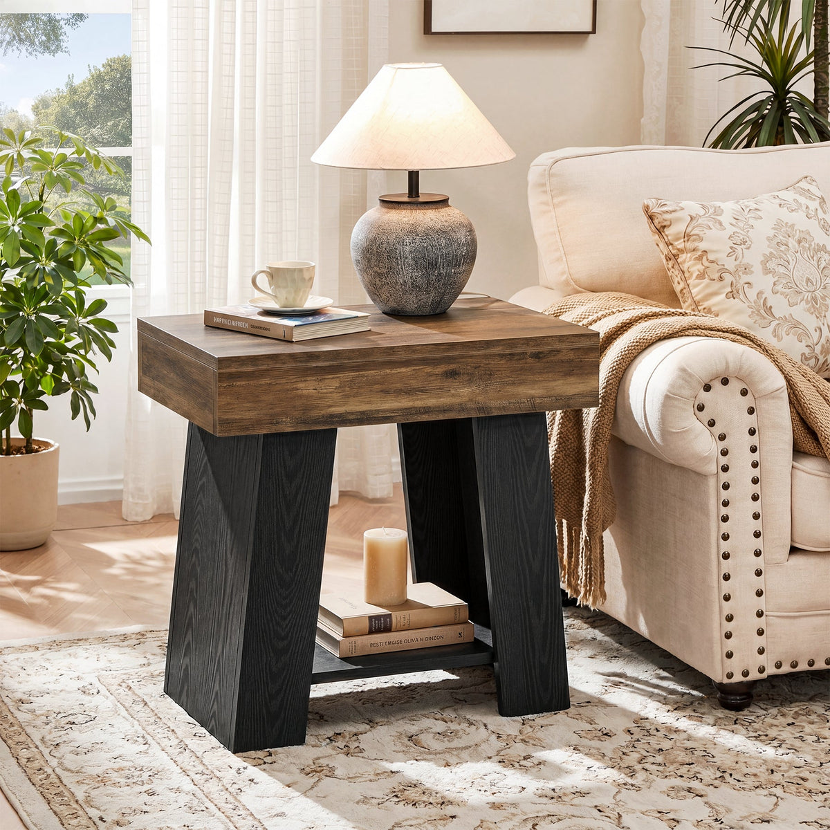 Tribesigns 23.62” Small 2-Tier End Table with Storage Shelf, Two-Tone Farmhouse Side Table