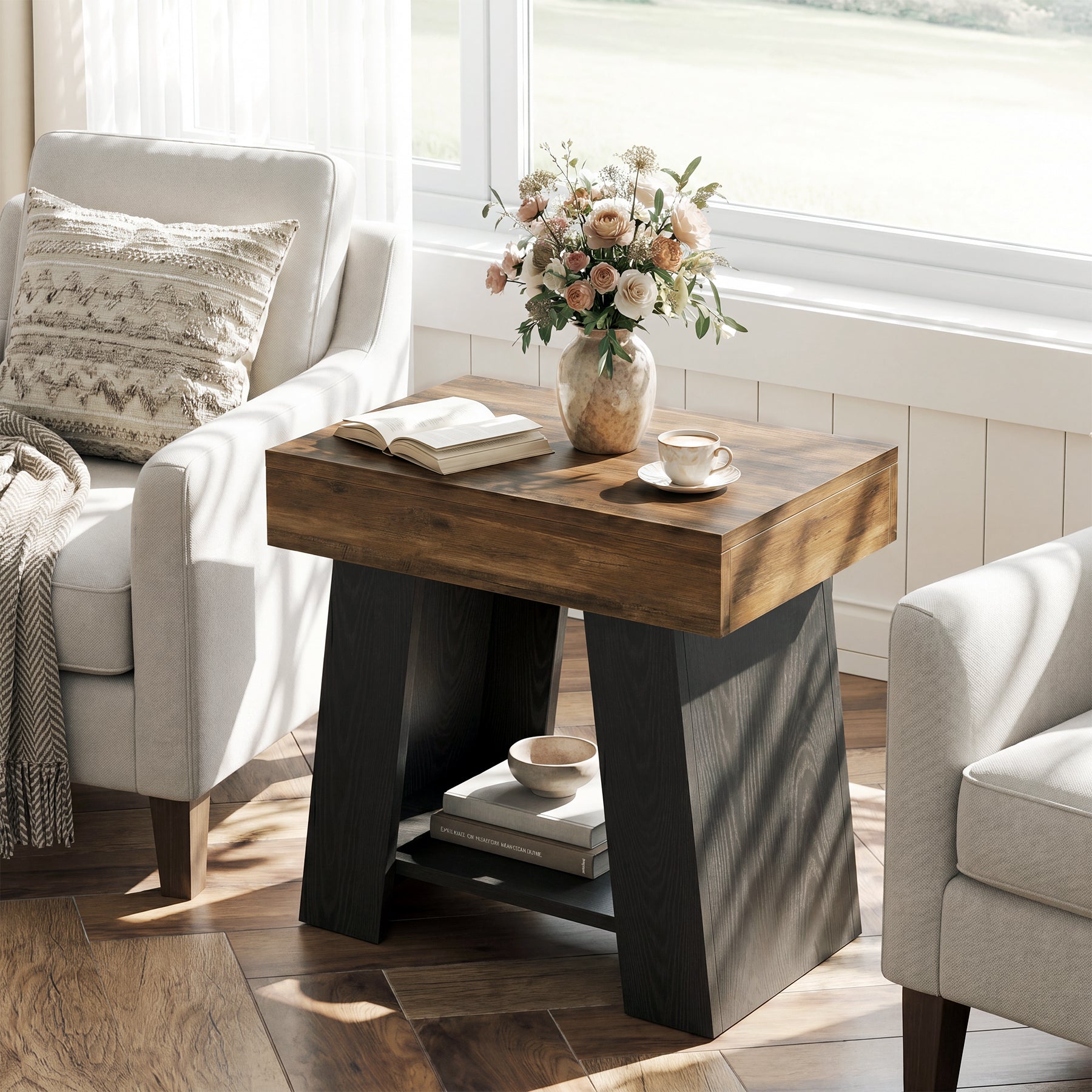 Tribesigns 23.62” Small 2-Tier End Table with Storage Shelf, Two-Tone Farmhouse Side Table