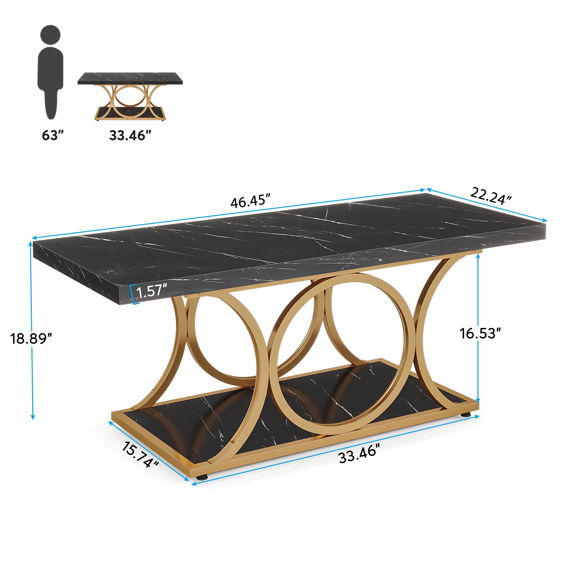 Rectangle Coffee Table, 46.45" Faux Marble Tea Table with Storage Shelf