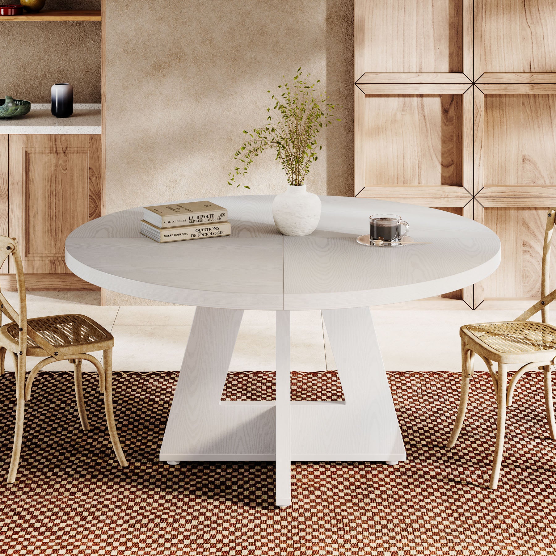 Round Dining Table for 4, 47" Wood Kitchen Table Farmhouse Dinner Table